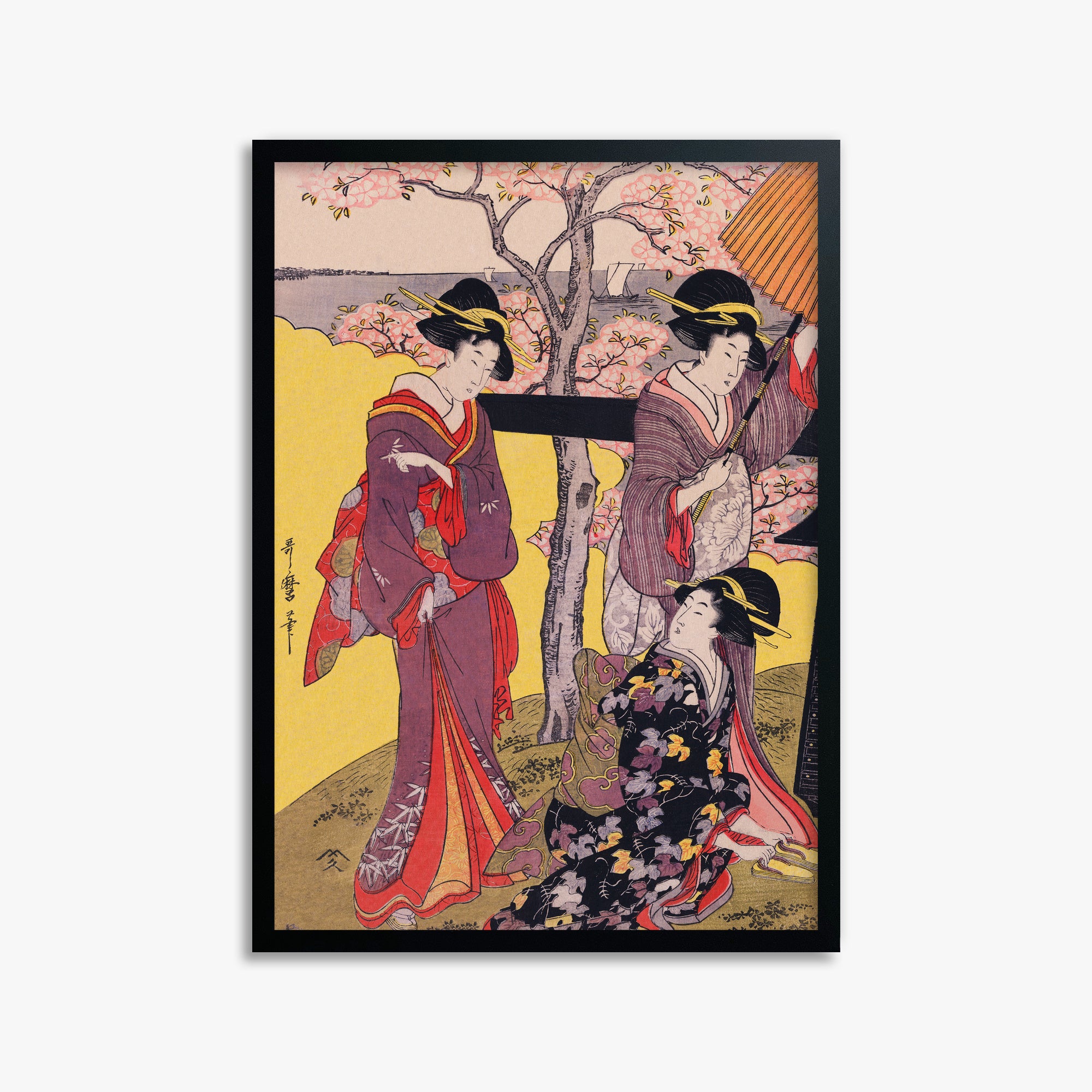Utamaro Kitagawa: Cherry-viewing at Gotenyama, 50x70cm Framed Art Reproduction With Black Frame