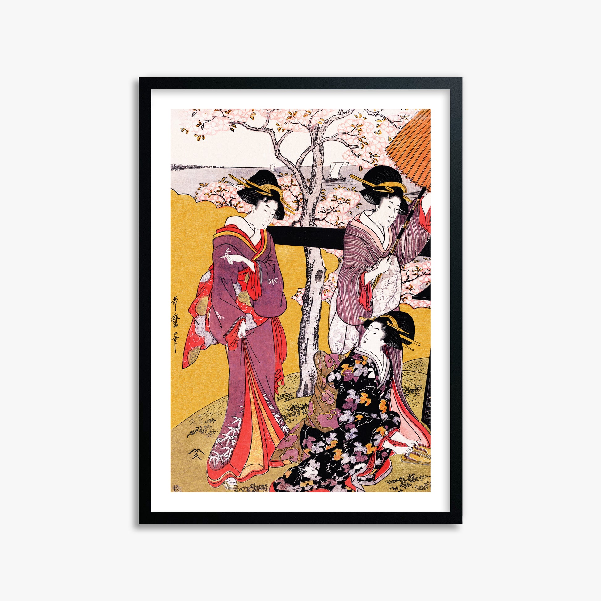 Utamaro Kitagawa: Cherry-viewing at Gotenyama, 50x70cm Framed Art Reproduction With Black Frame