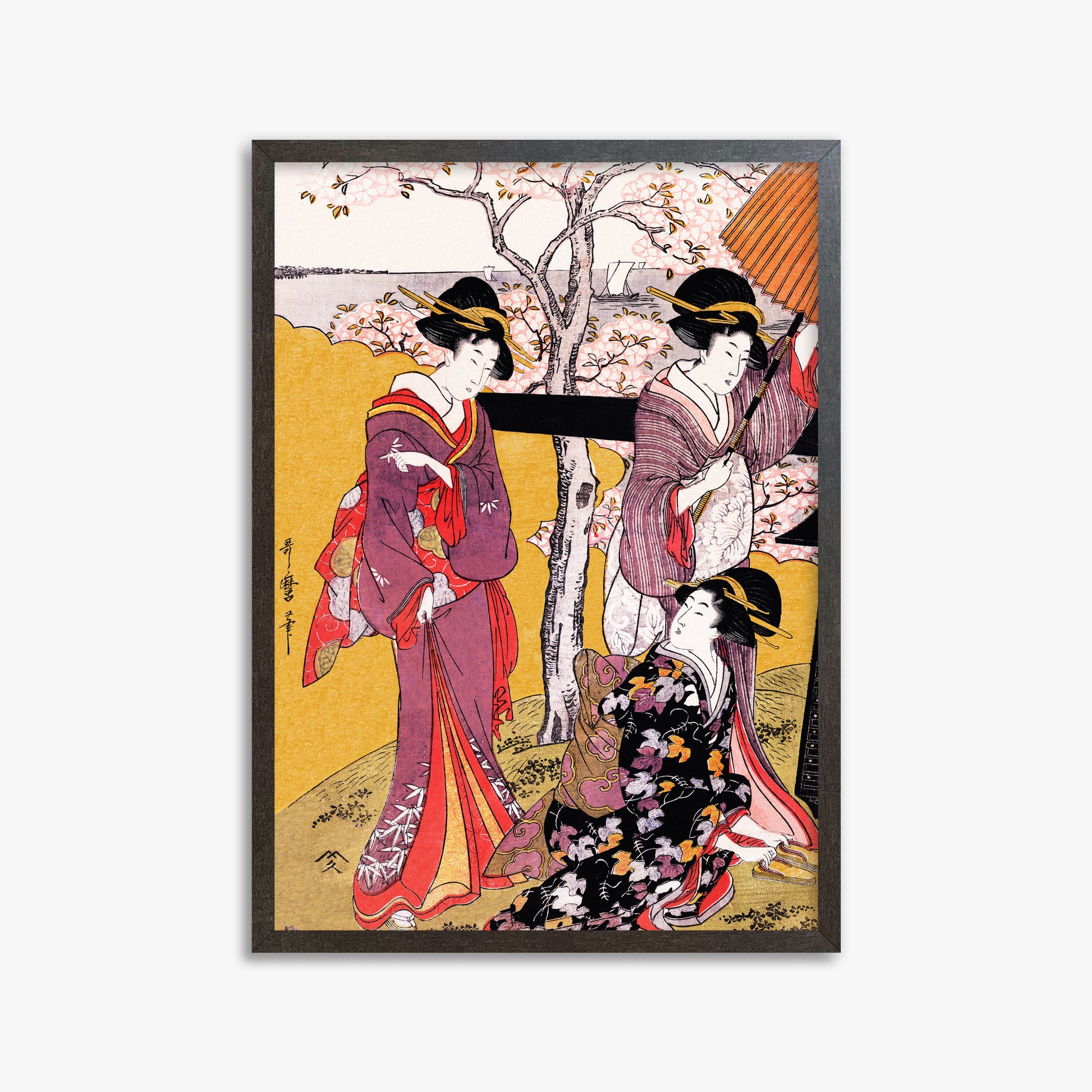 Utamaro Kitagawa: Cherry-viewing at Gotenyama, 50x70cm Framed Art Reproduction With Espresso Frame