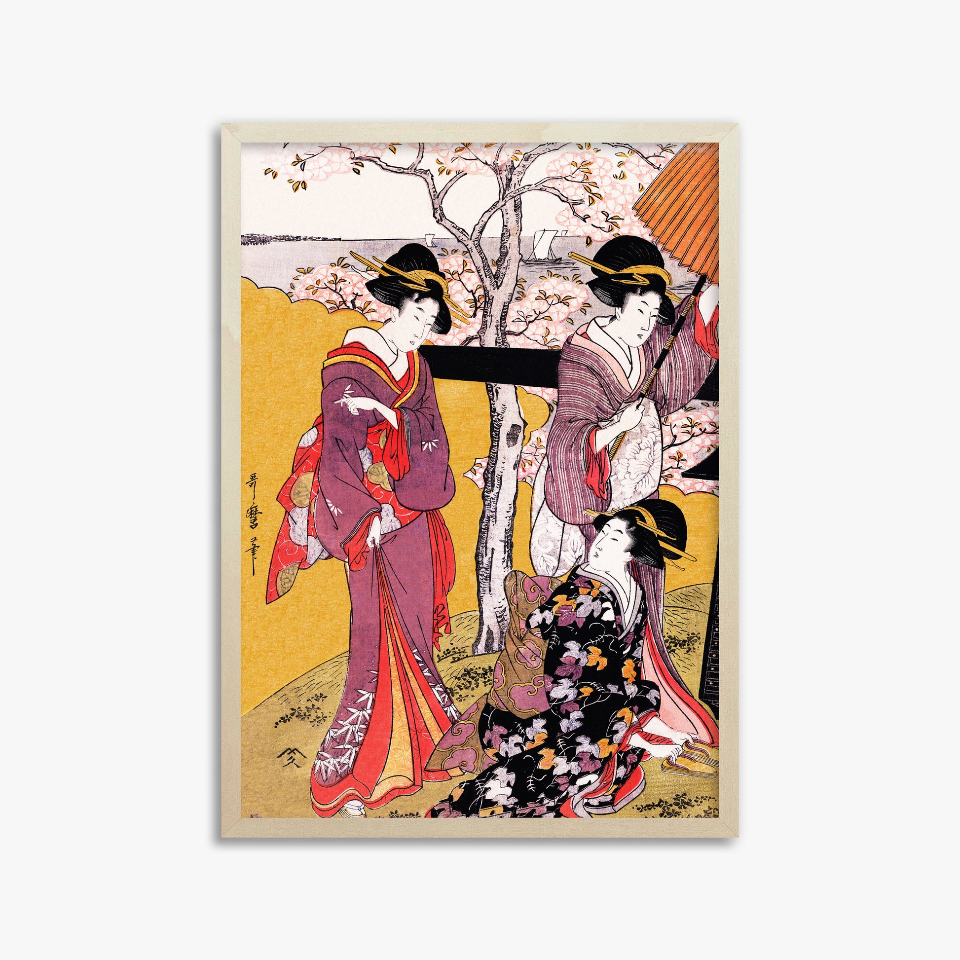 Utamaro Kitagawa: Cherry-viewing at Gotenyama, 50x70cm Framed Art Reproduction With Lime Wood Frame