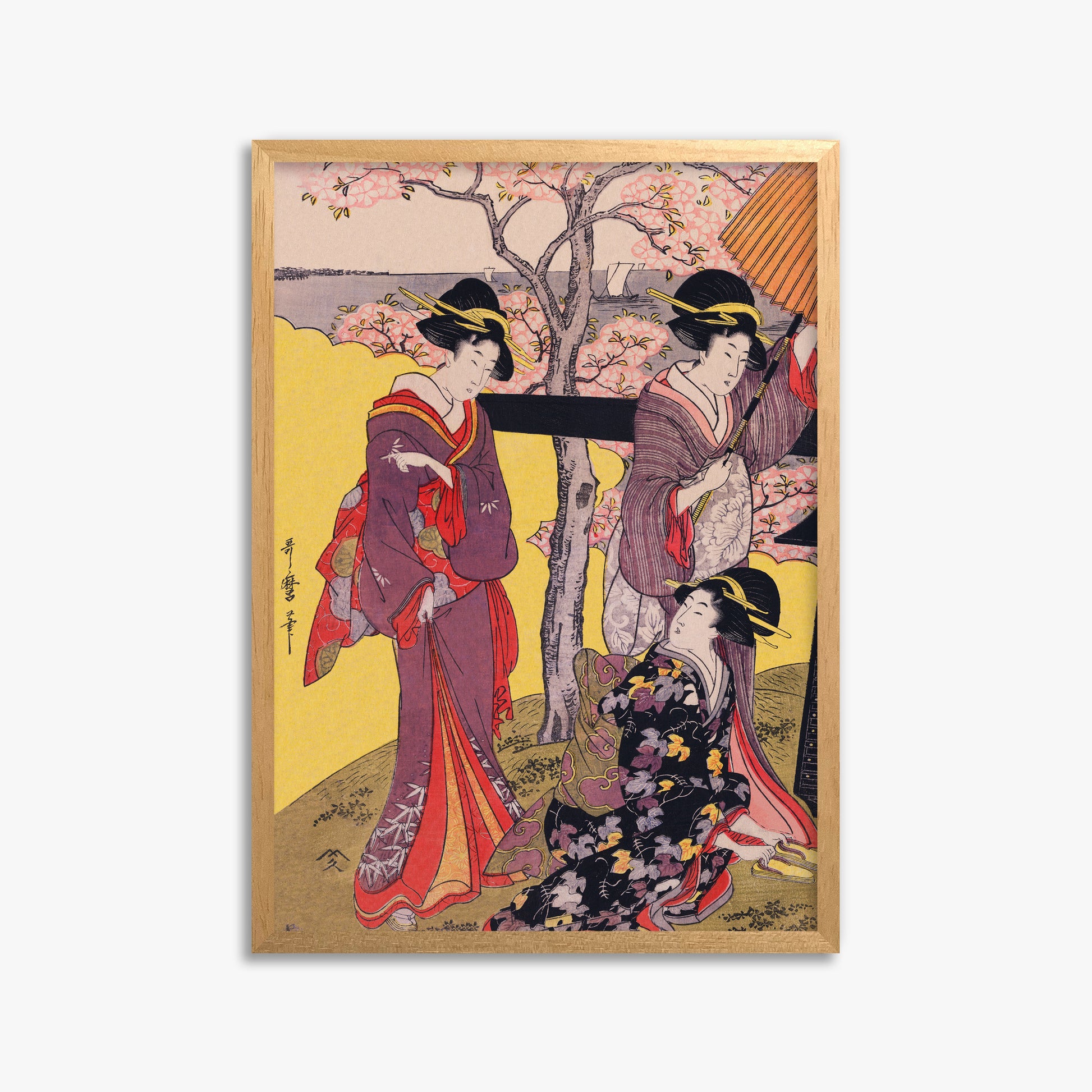 Utamaro Kitagawa: Cherry-viewing at Gotenyama, 50x70cm Framed Art Reproduction With Oak Frame