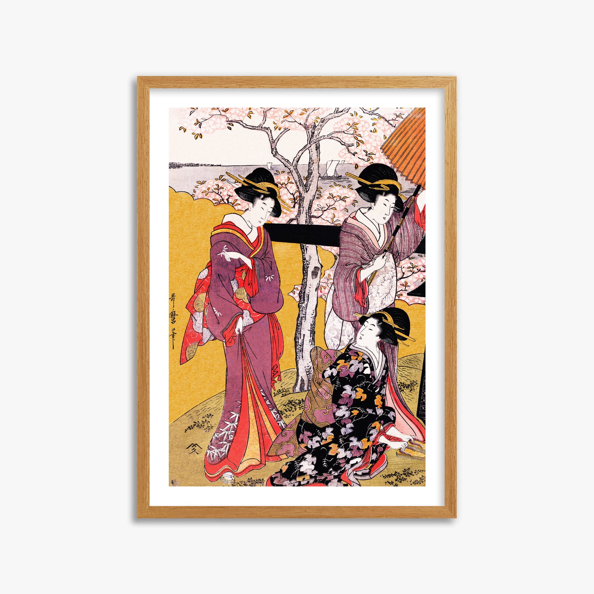 Utamaro Kitagawa: Cherry-viewing at Gotenyama, 50x70cm Framed Art Reproduction With Oak Frame