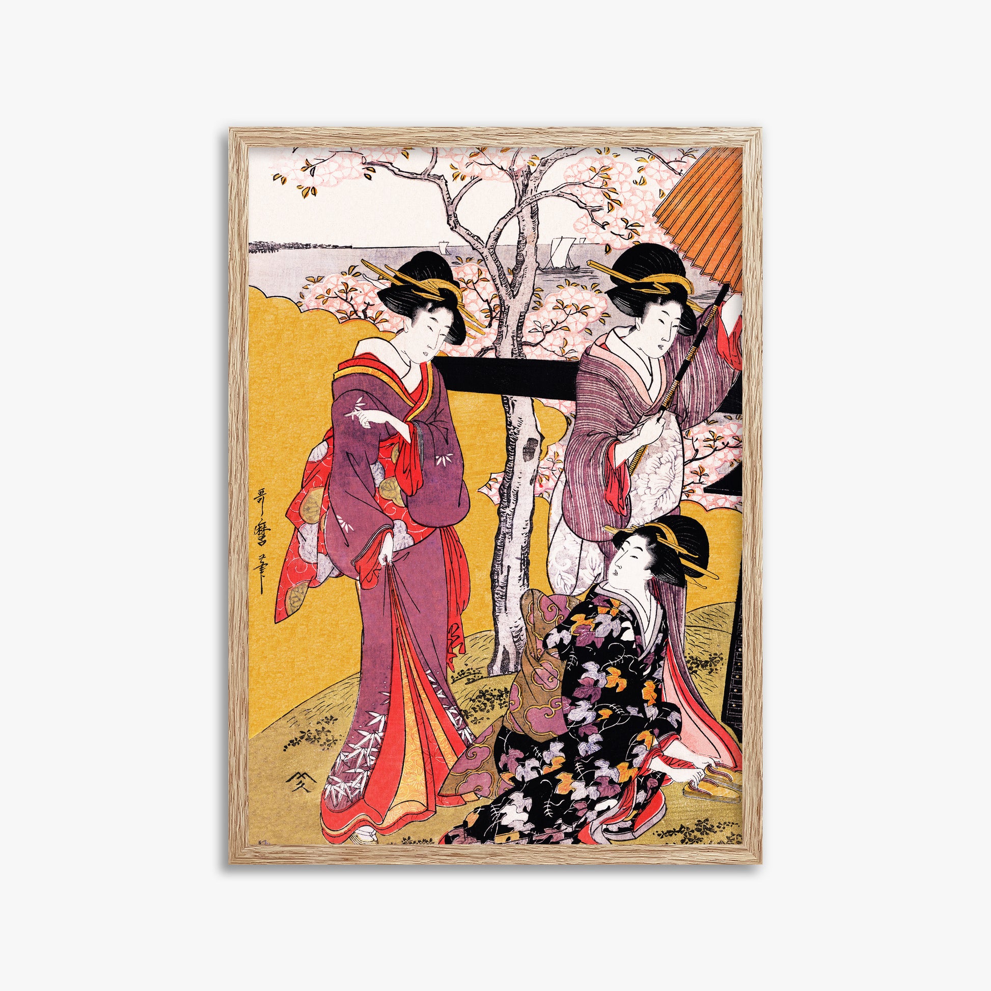 Utamaro Kitagawa: Cherry-viewing at Gotenyama, 50x70cm Framed Art Reproduction With Raw Oak Frame
