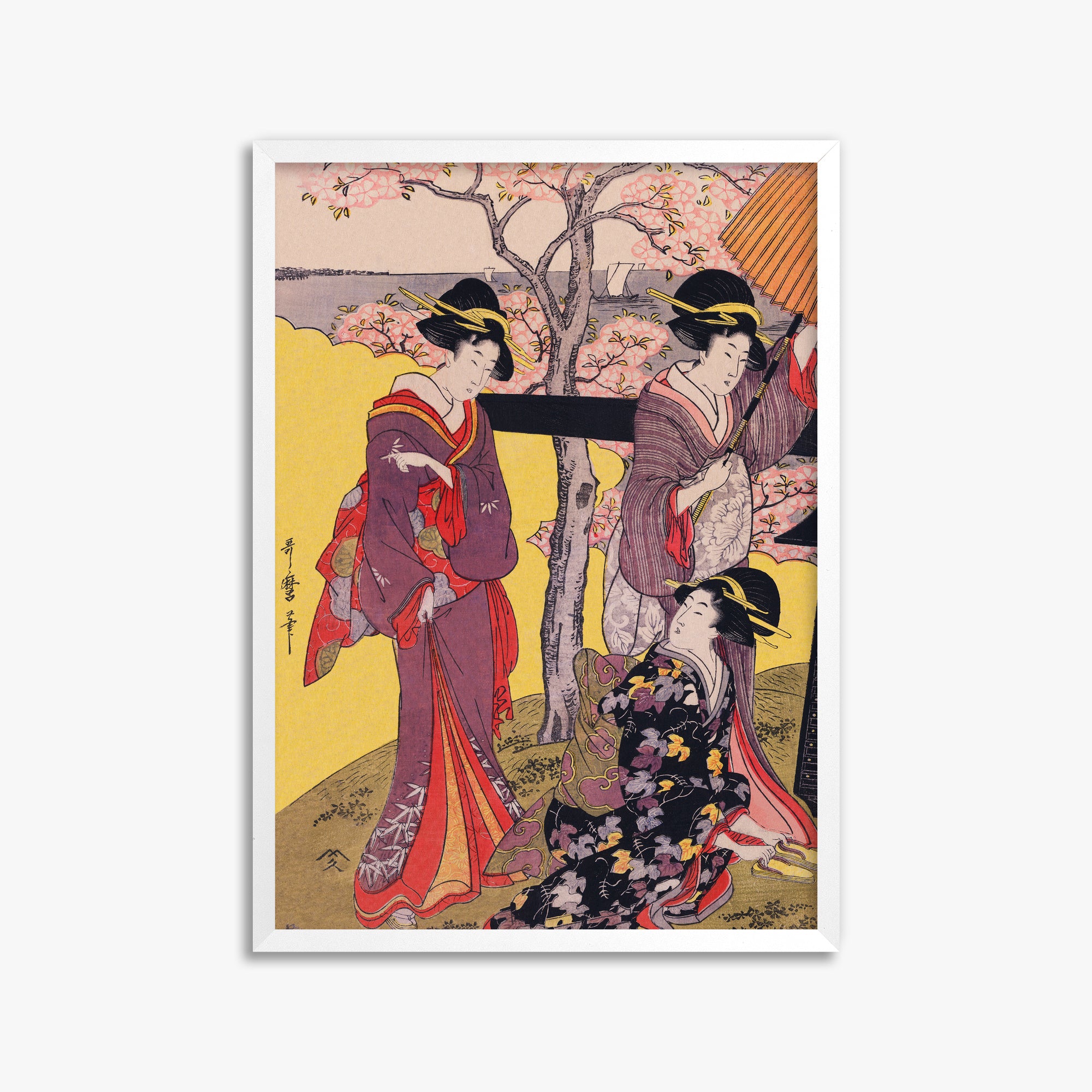 Utamaro Kitagawa: Cherry-viewing at Gotenyama, 50x70cm Framed Art Reproduction With White Frame