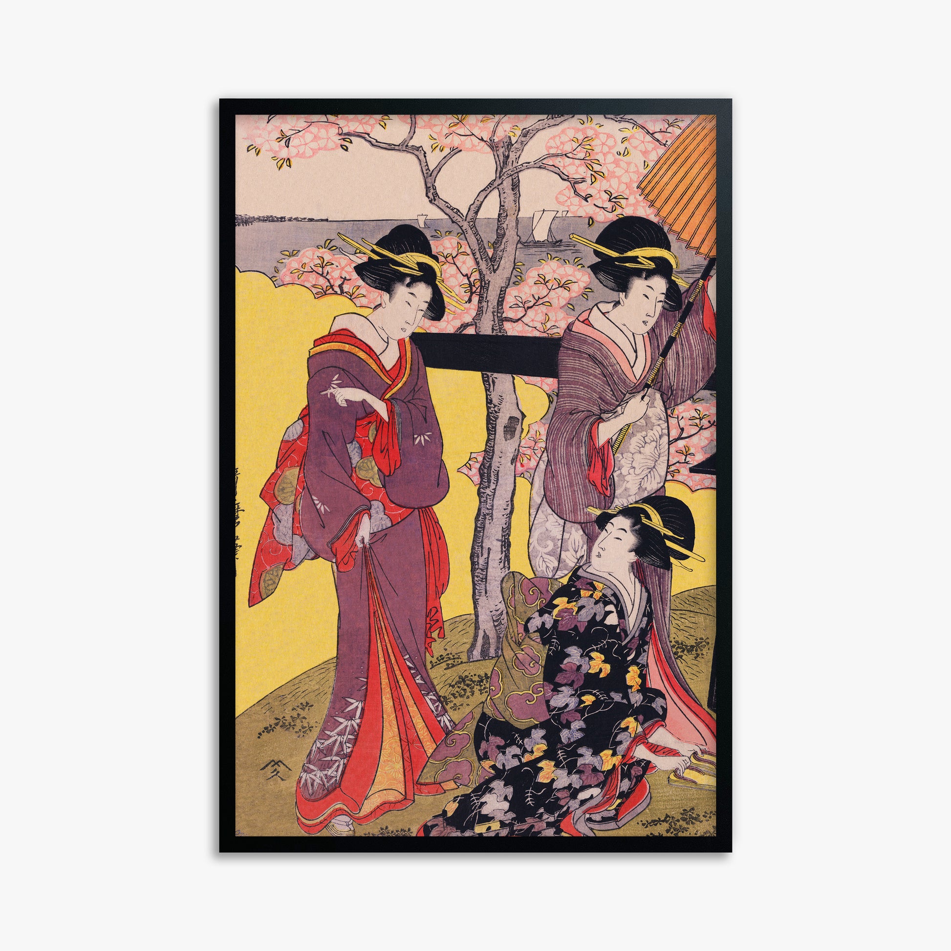 Utamaro Kitagawa: Cherry-viewing at Gotenyama, 61x91cm Framed Art Reproduction With Black Frame