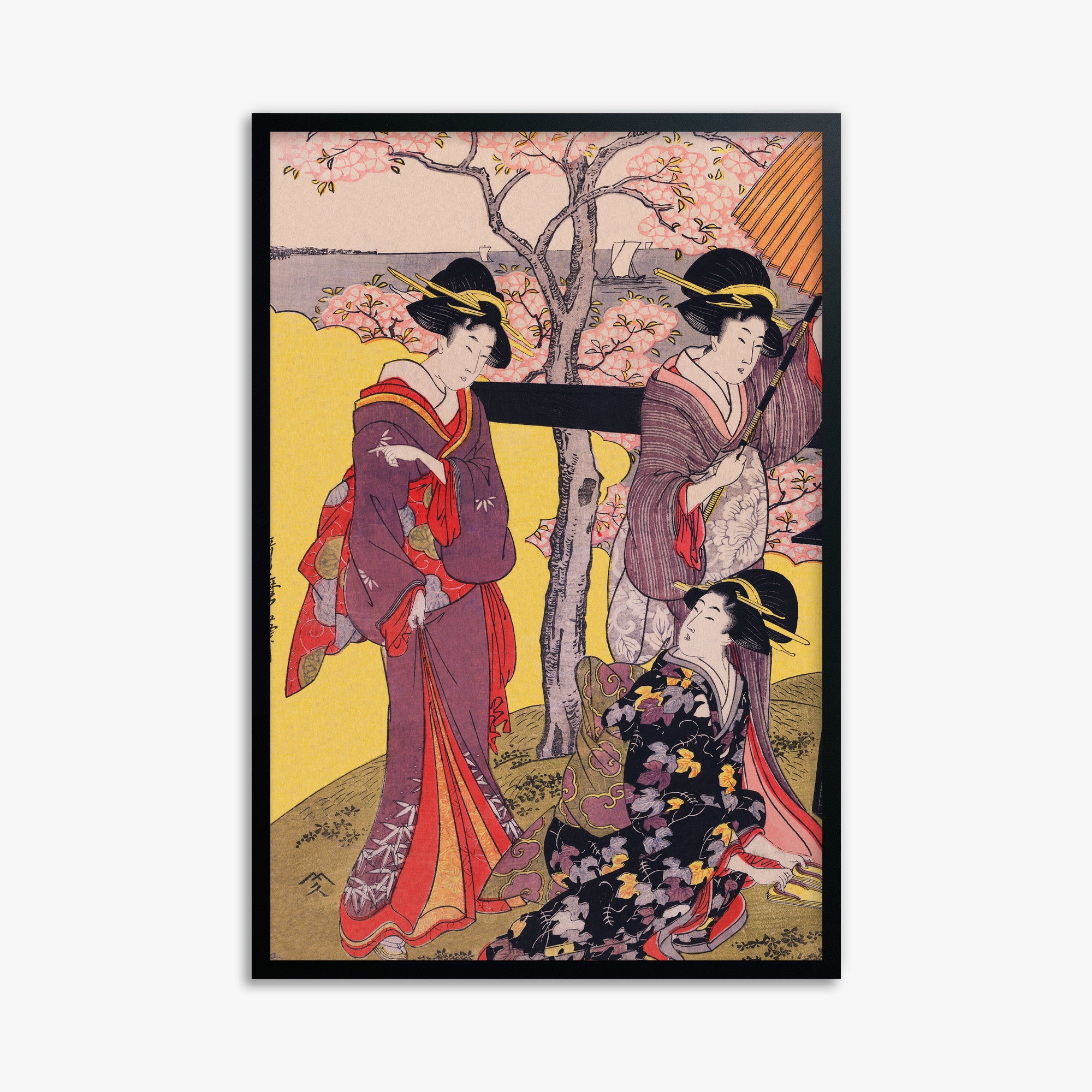 Utamaro Kitagawa: Cherry-viewing at Gotenyama, 61x91cm Framed Art Reproduction With Black Frame