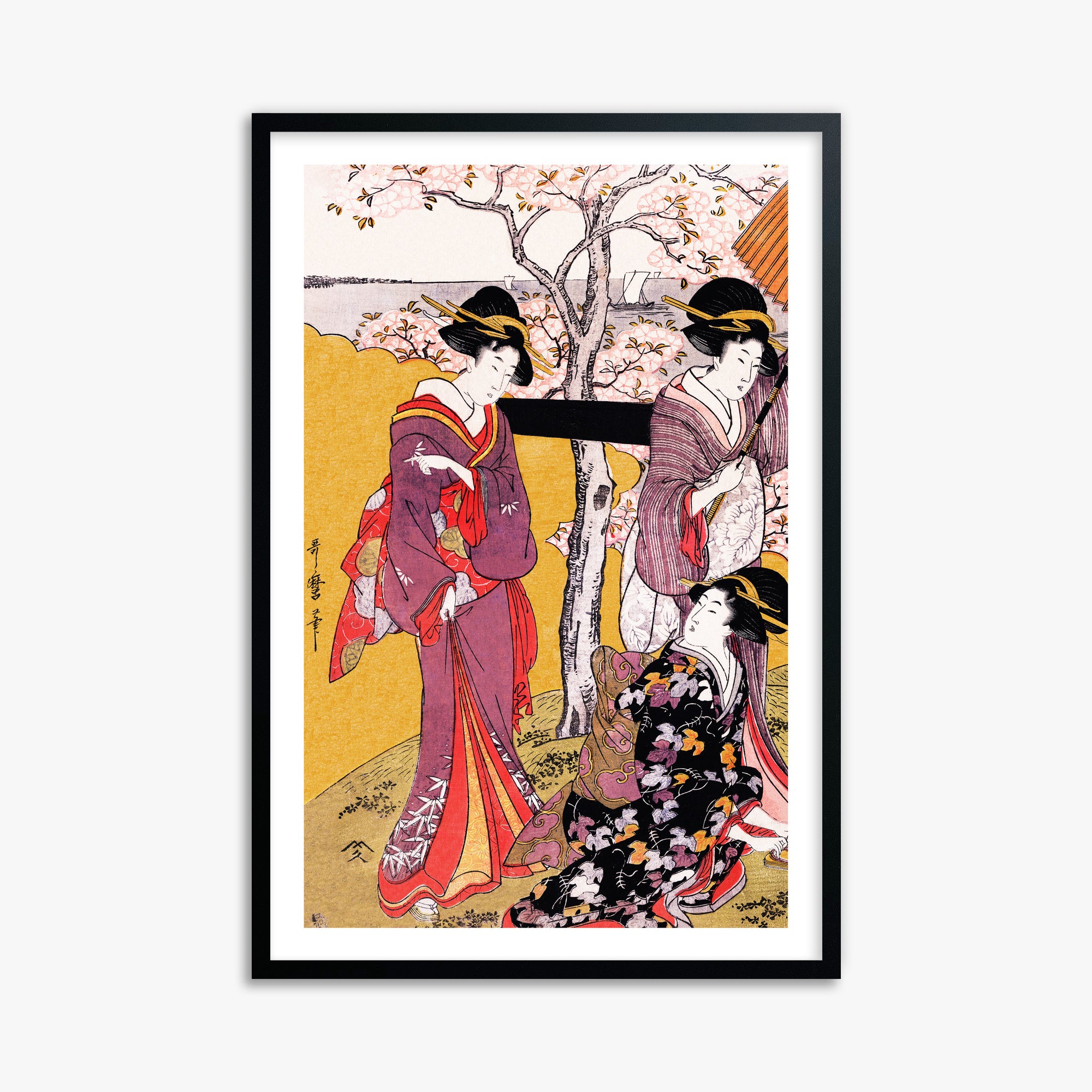 Utamaro Kitagawa: Cherry-viewing at Gotenyama, 61x91cm Framed Art Reproduction With Black Frame