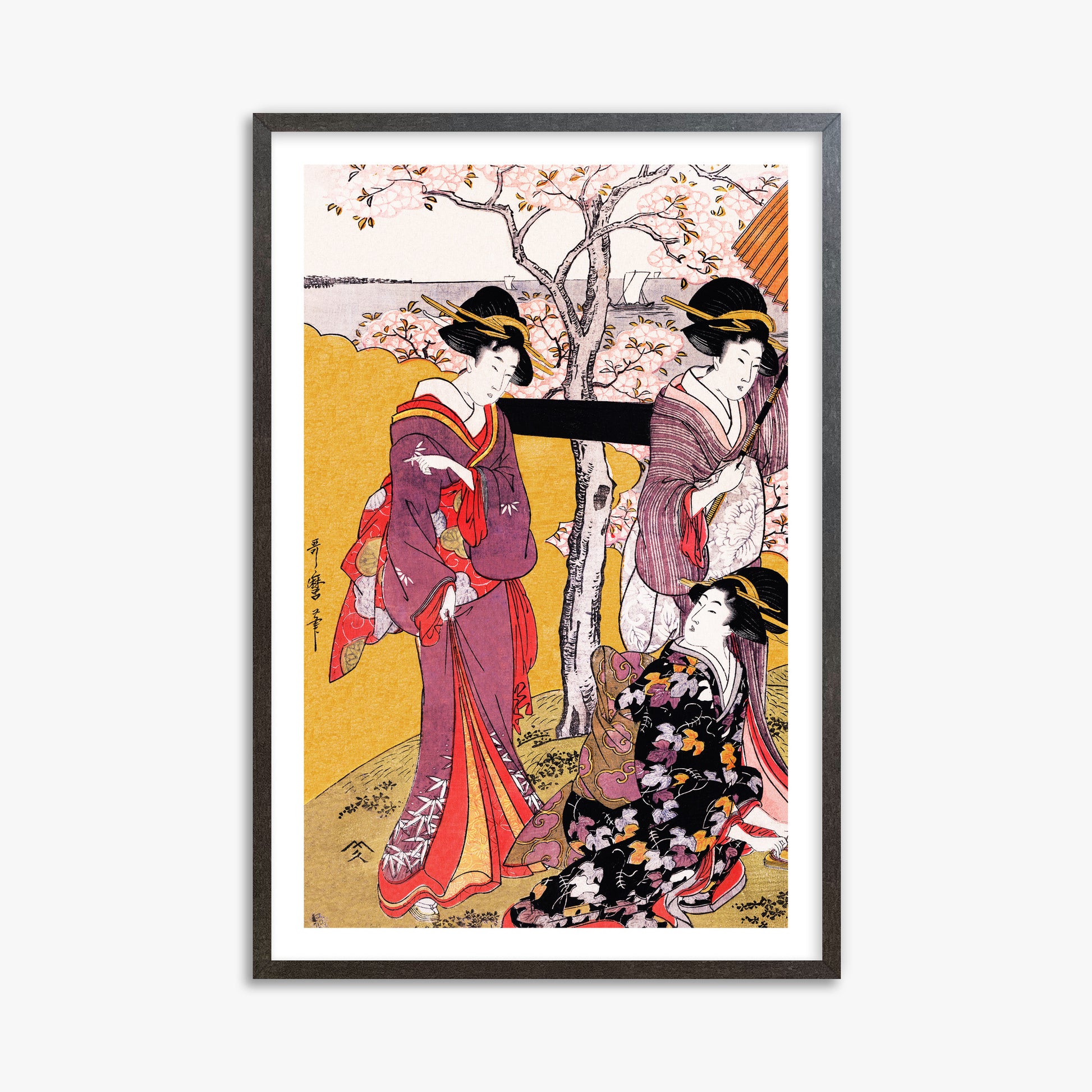 Utamaro Kitagawa: Cherry-viewing at Gotenyama, 61x91cm Framed Art Reproduction With Espresso Frame