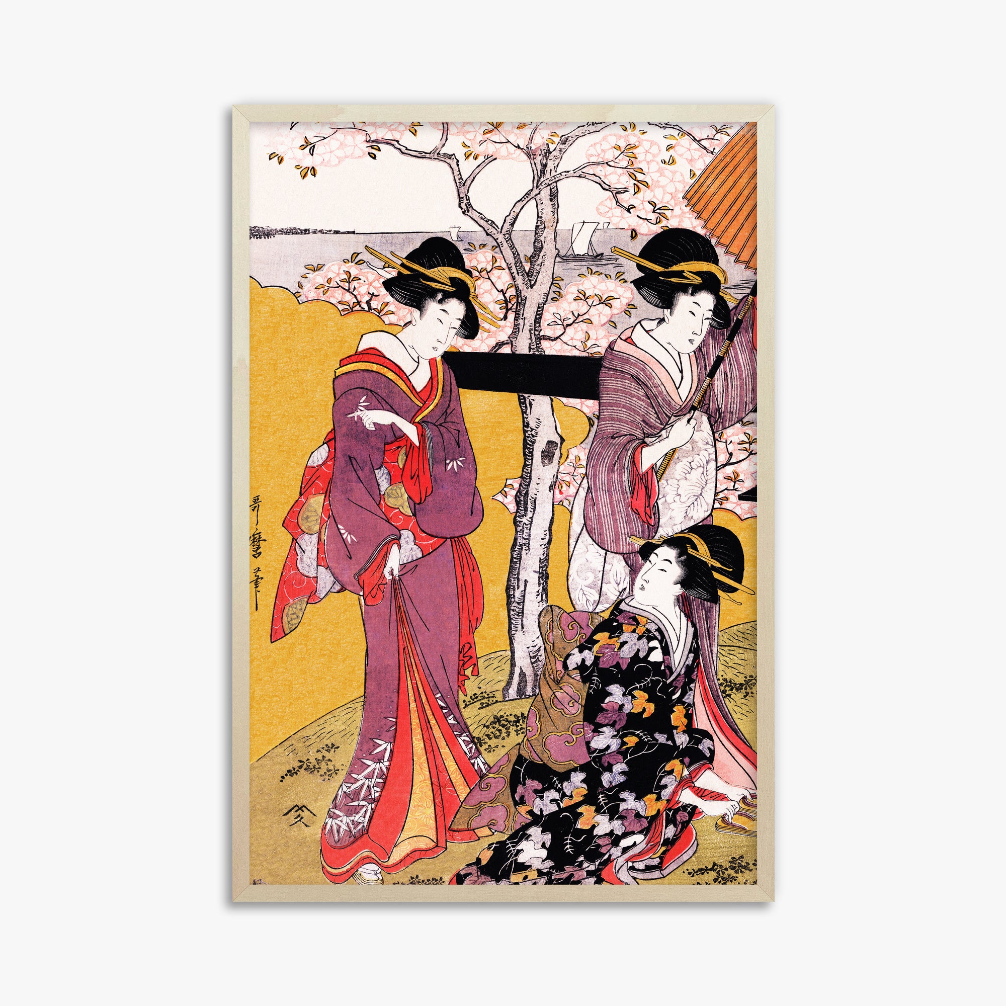 Utamaro Kitagawa: Cherry-viewing at Gotenyama, 61x91cm Framed Art Reproduction With Lime Wood Frame