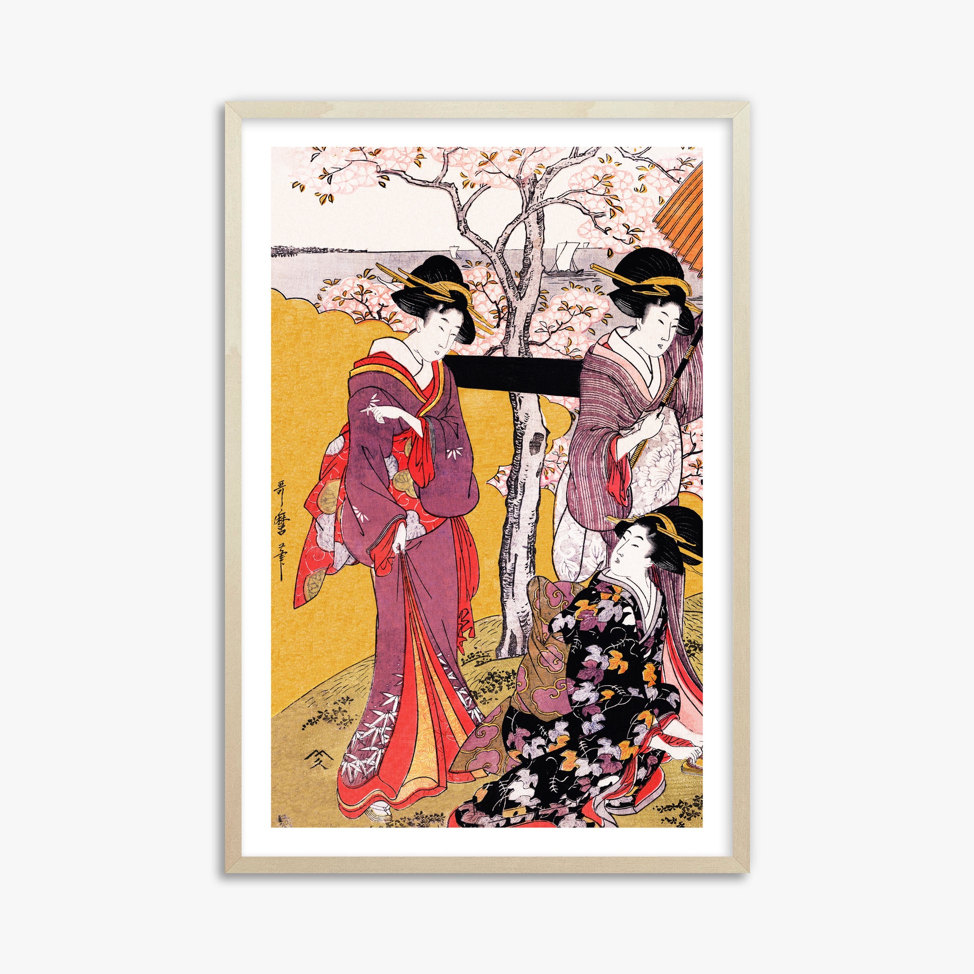 Utamaro Kitagawa: Cherry-viewing at Gotenyama, 61x91cm Framed Art Reproduction With Lime Wood Frame