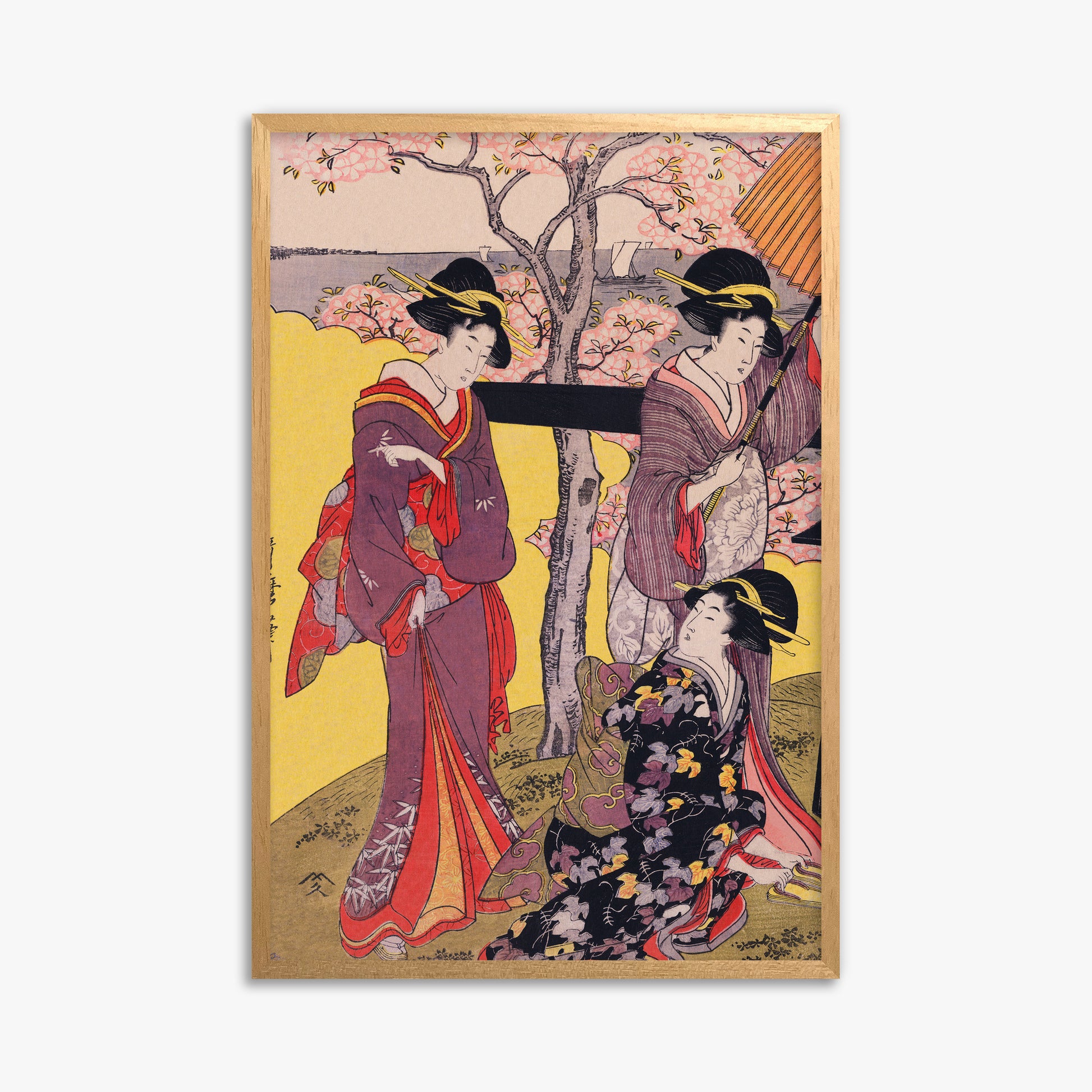 Utamaro Kitagawa: Cherry-viewing at Gotenyama, 61x91cm Framed Art Reproduction With Oak Frame