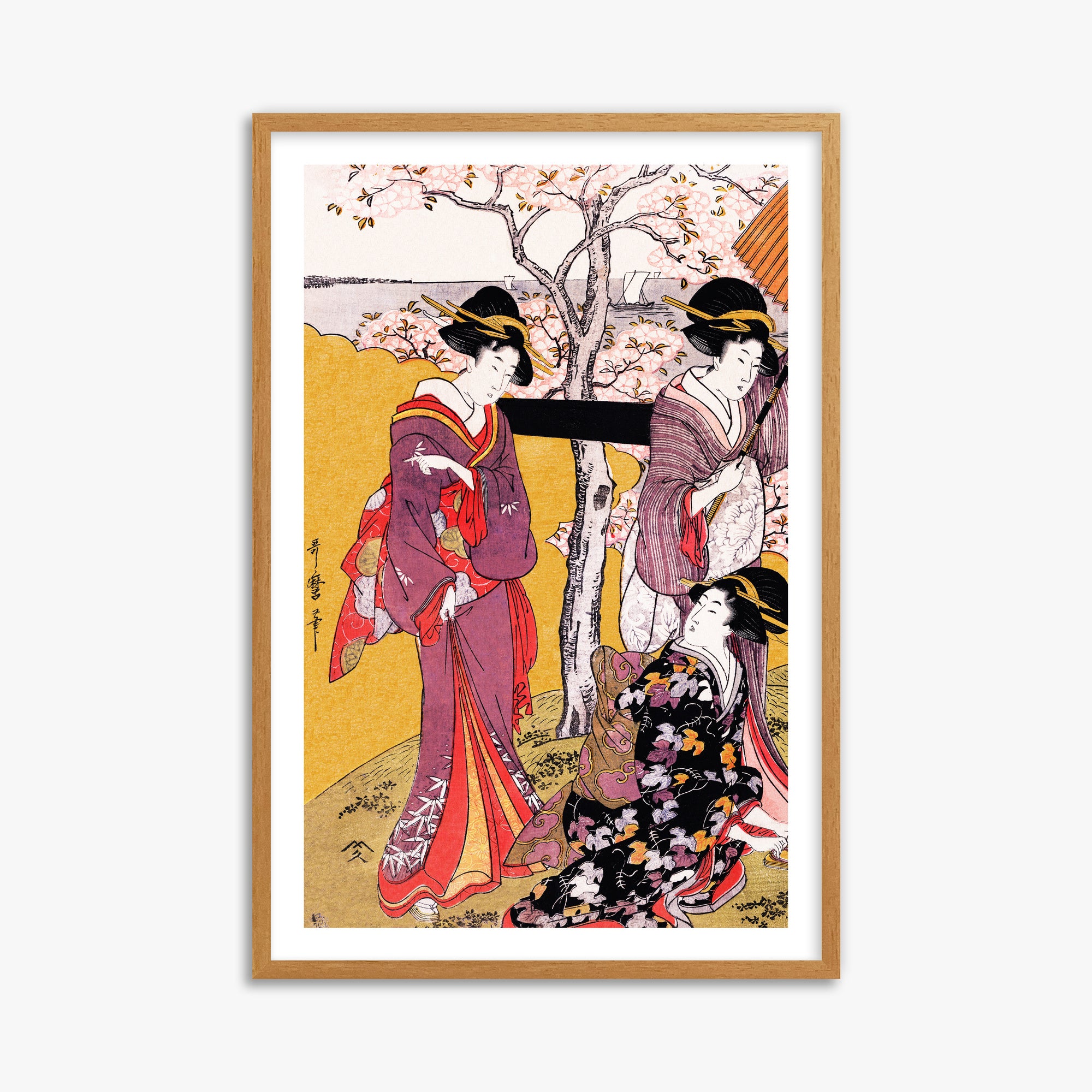 Utamaro Kitagawa: Cherry-viewing at Gotenyama, 61x91cm Framed Art Reproduction With Oak Frame