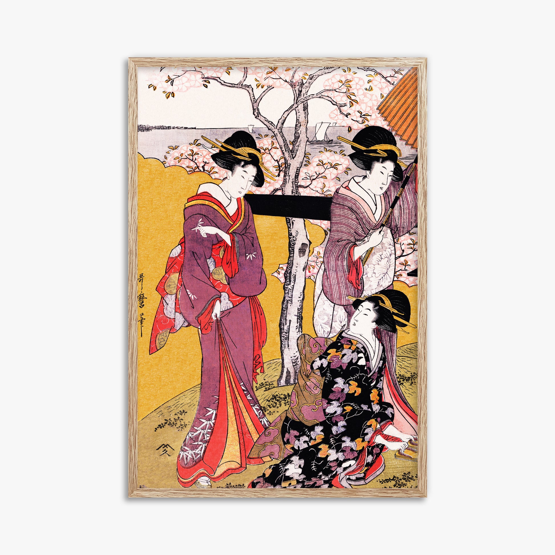 Utamaro Kitagawa: Cherry-viewing at Gotenyama, 61x91cm Framed Art Reproduction With Raw Oak Frame