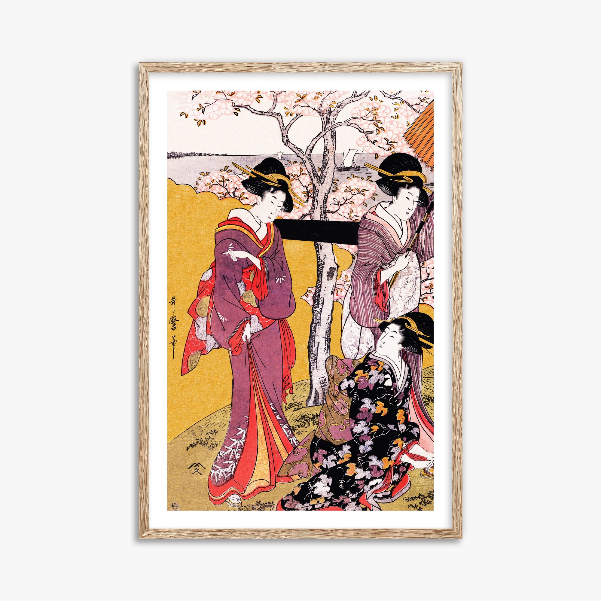 Utamaro Kitagawa: Cherry-viewing at Gotenyama, 61x91cm Framed Art Reproduction With Raw Oak Frame