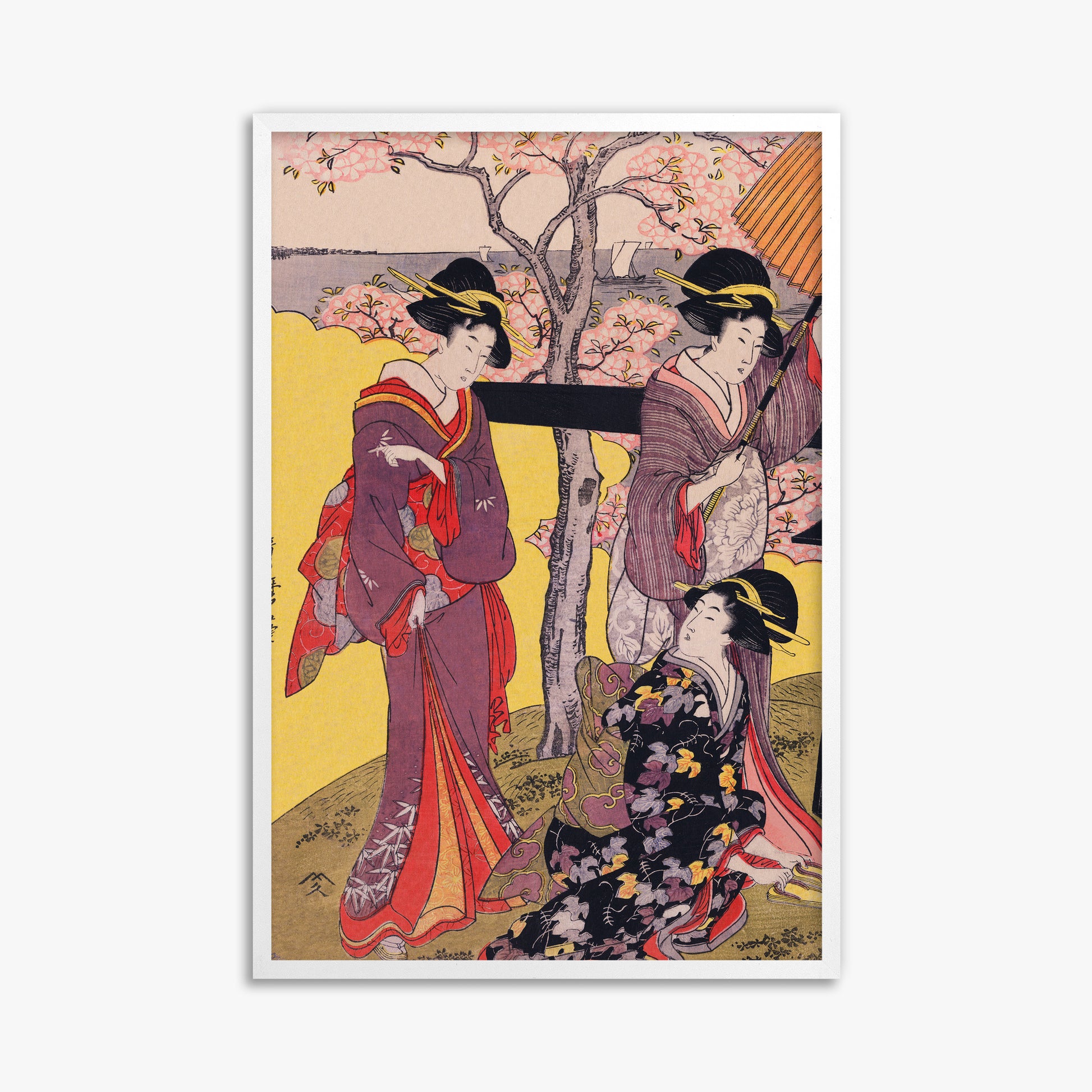 Utamaro Kitagawa: Cherry-viewing at Gotenyama, 61x91cm Framed Art Reproduction With White Frame