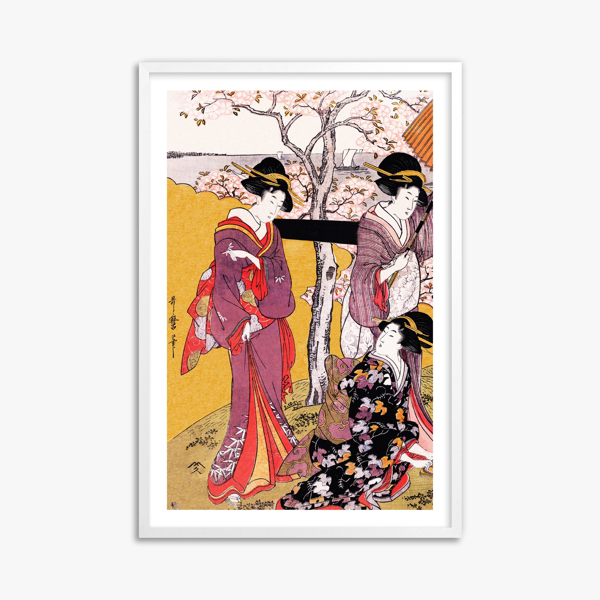 Utamaro Kitagawa: Cherry-viewing at Gotenyama, 61x91cm Framed Art Reproduction With White Frame