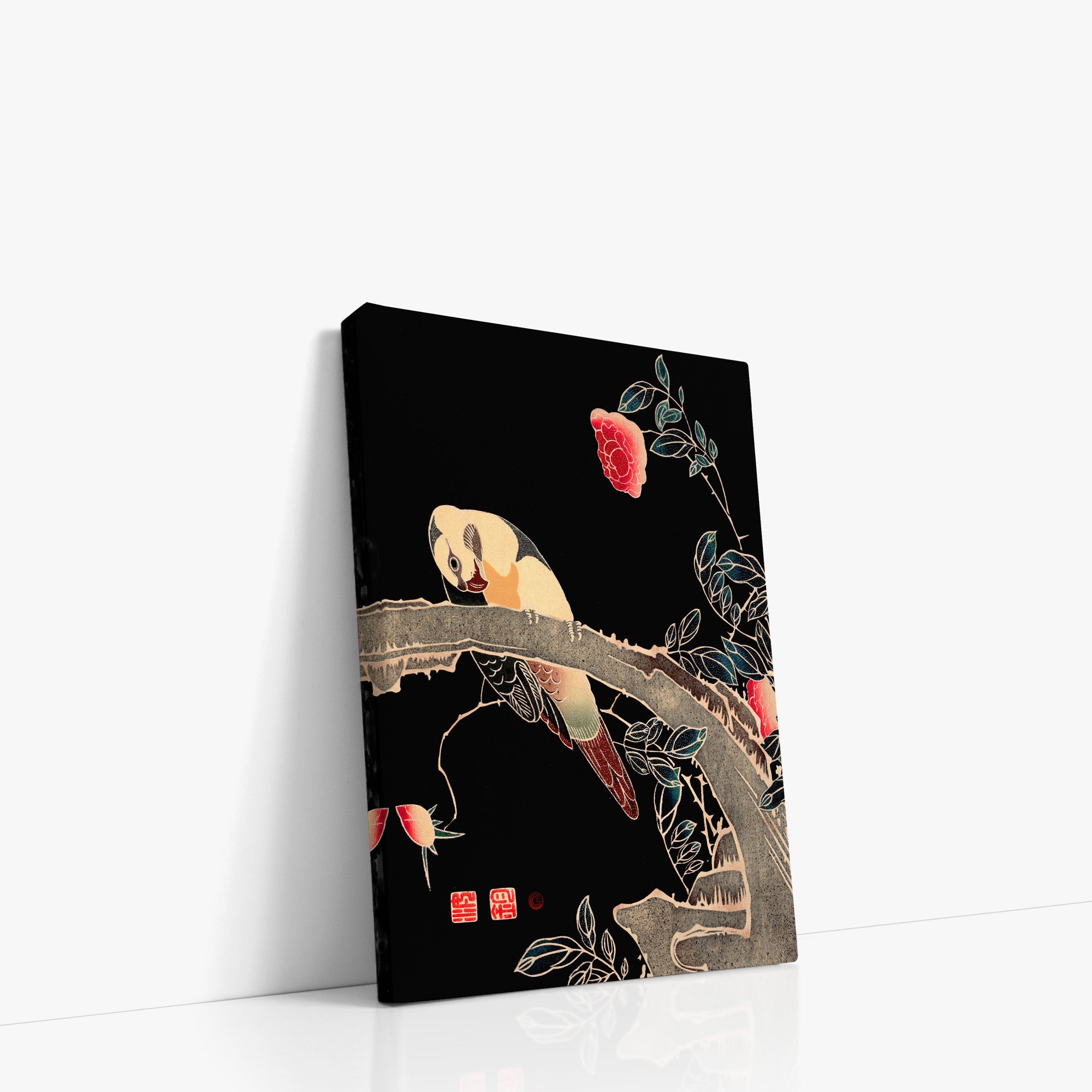 Parrot on the Branch of a Flowering Rose Bush