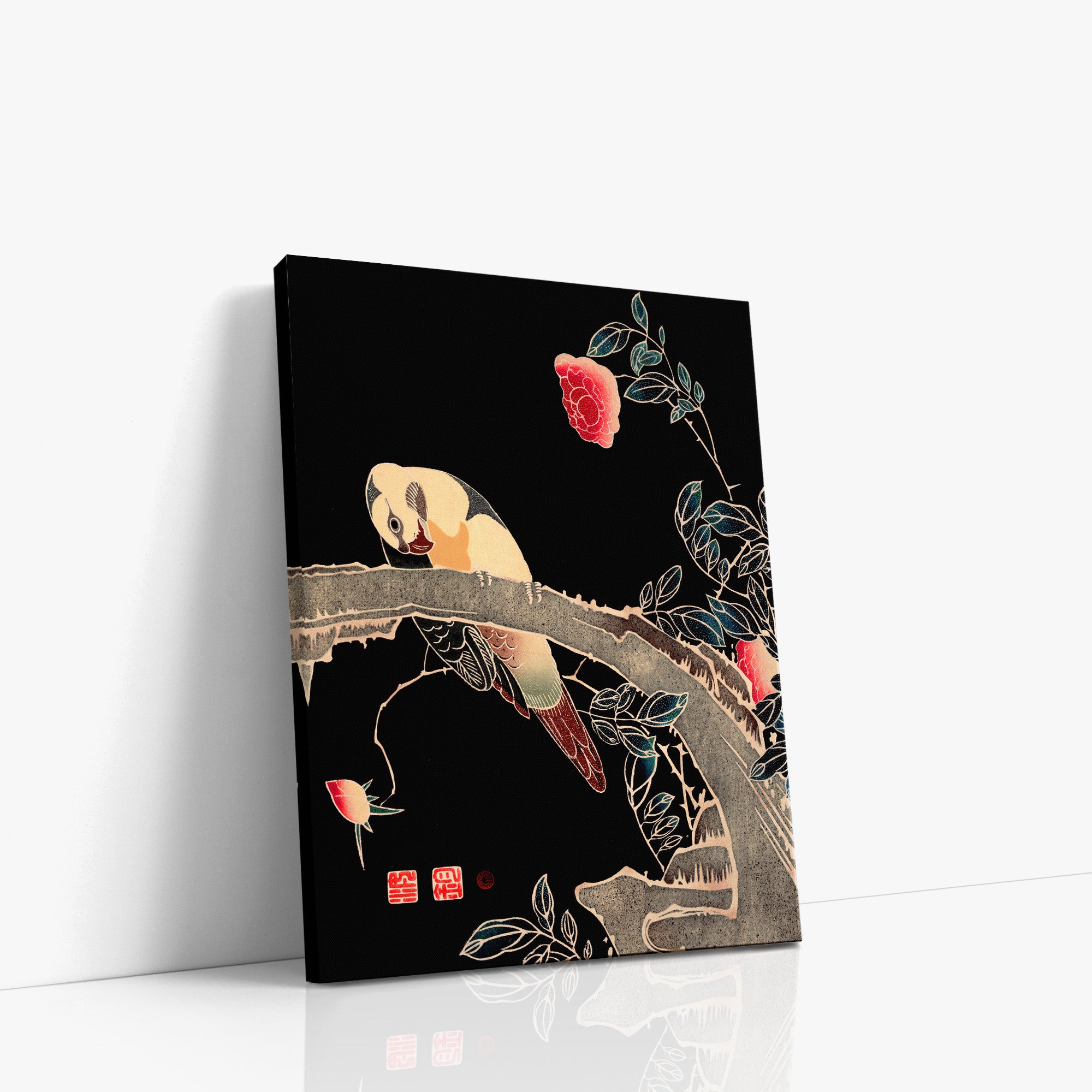Parrot on the Branch of a Flowering Rose Bush
