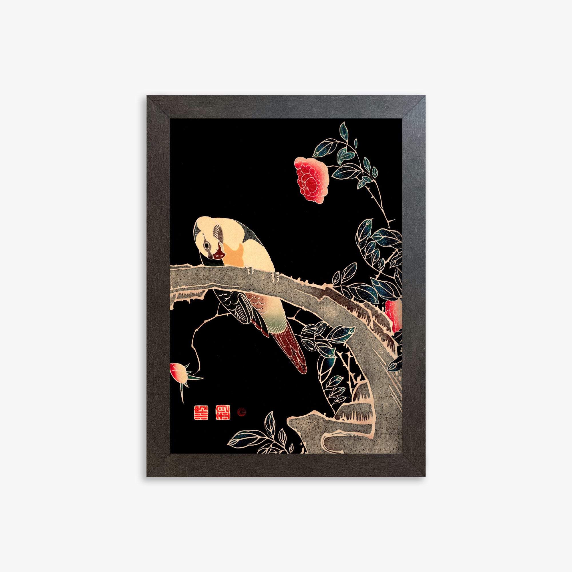 Ito Jakuchu: Parrot on the Branch of a Flowering Rose Bush, 21x30cm Framed Art Reproduction With Espresso Frame