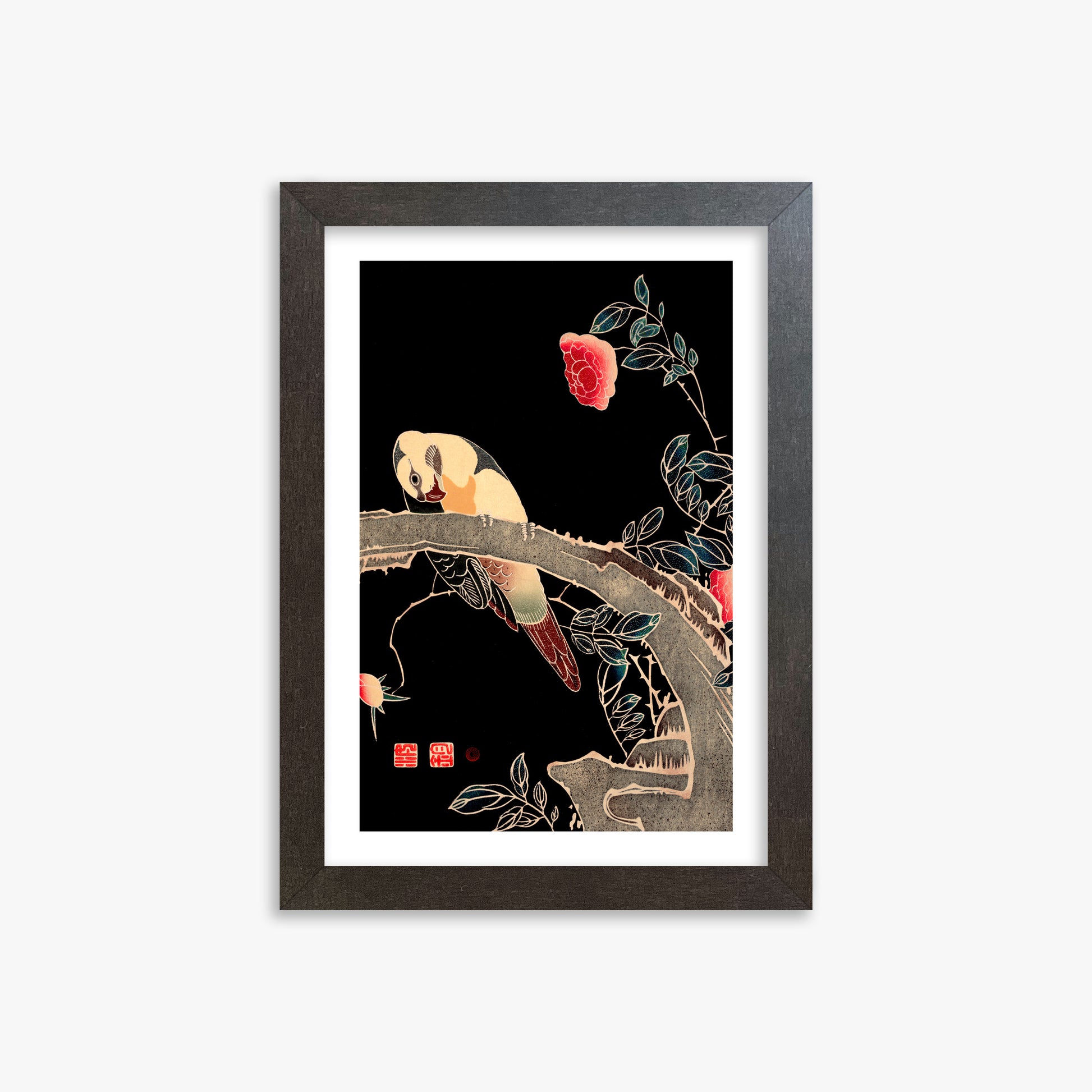 Ito Jakuchu: Parrot on the Branch of a Flowering Rose Bush, 21x30cm Framed Art Reproduction With Espresso Frame