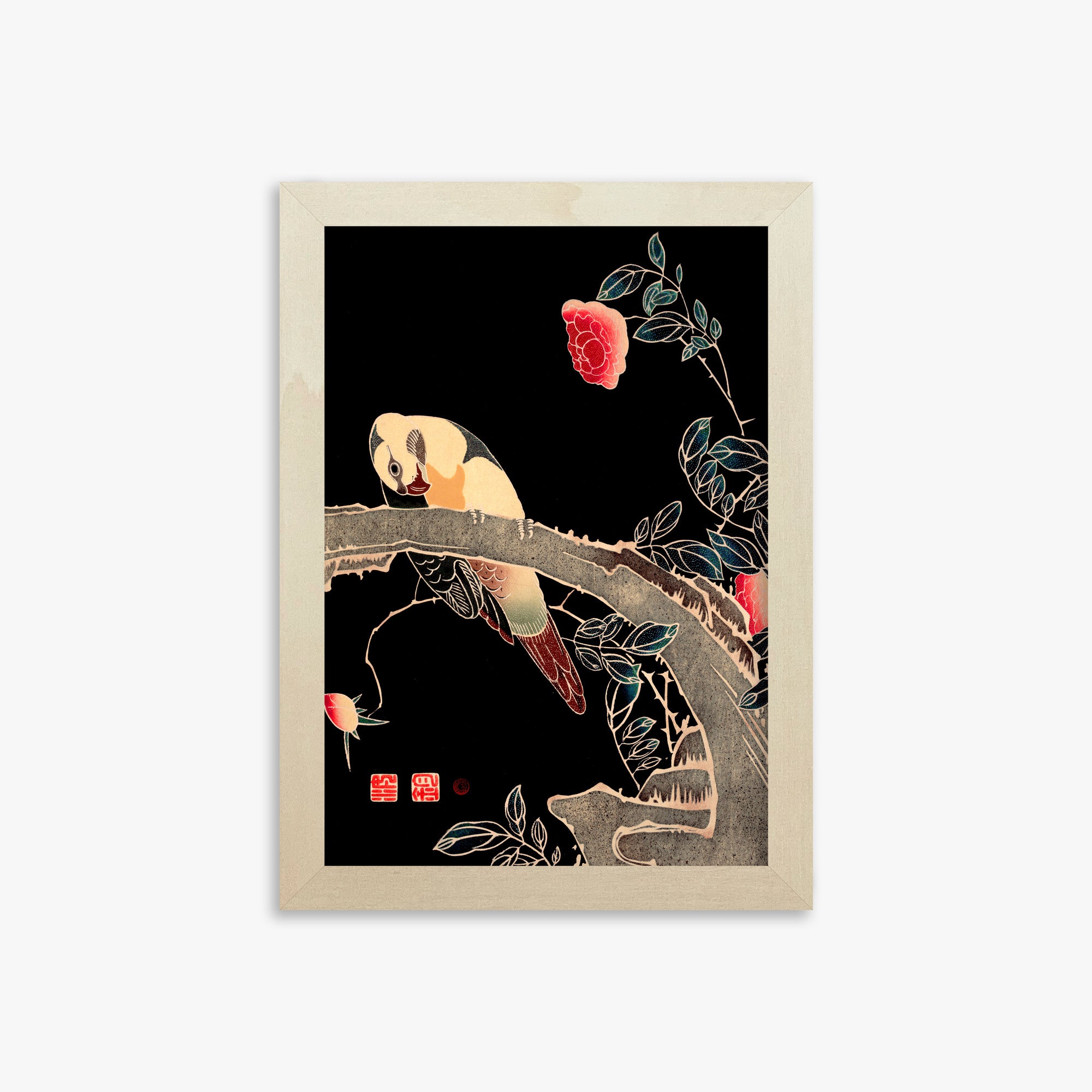 Ito Jakuchu: Parrot on the Branch of a Flowering Rose Bush, 21x30cm Framed Art Reproduction With Lime Wood Frame