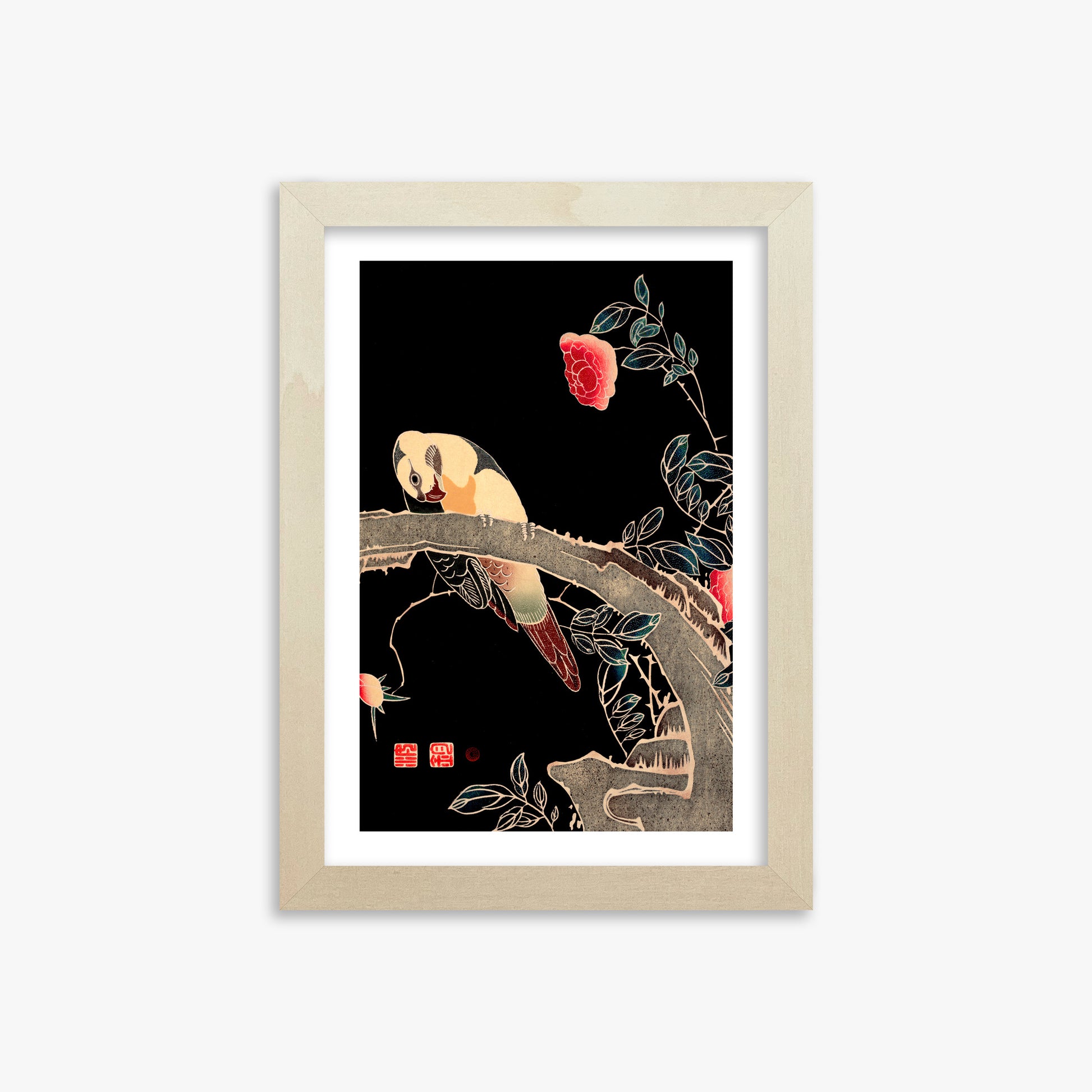 Ito Jakuchu: Parrot on the Branch of a Flowering Rose Bush, 21x30cm Framed Art Reproduction With Lime Wood Frame
