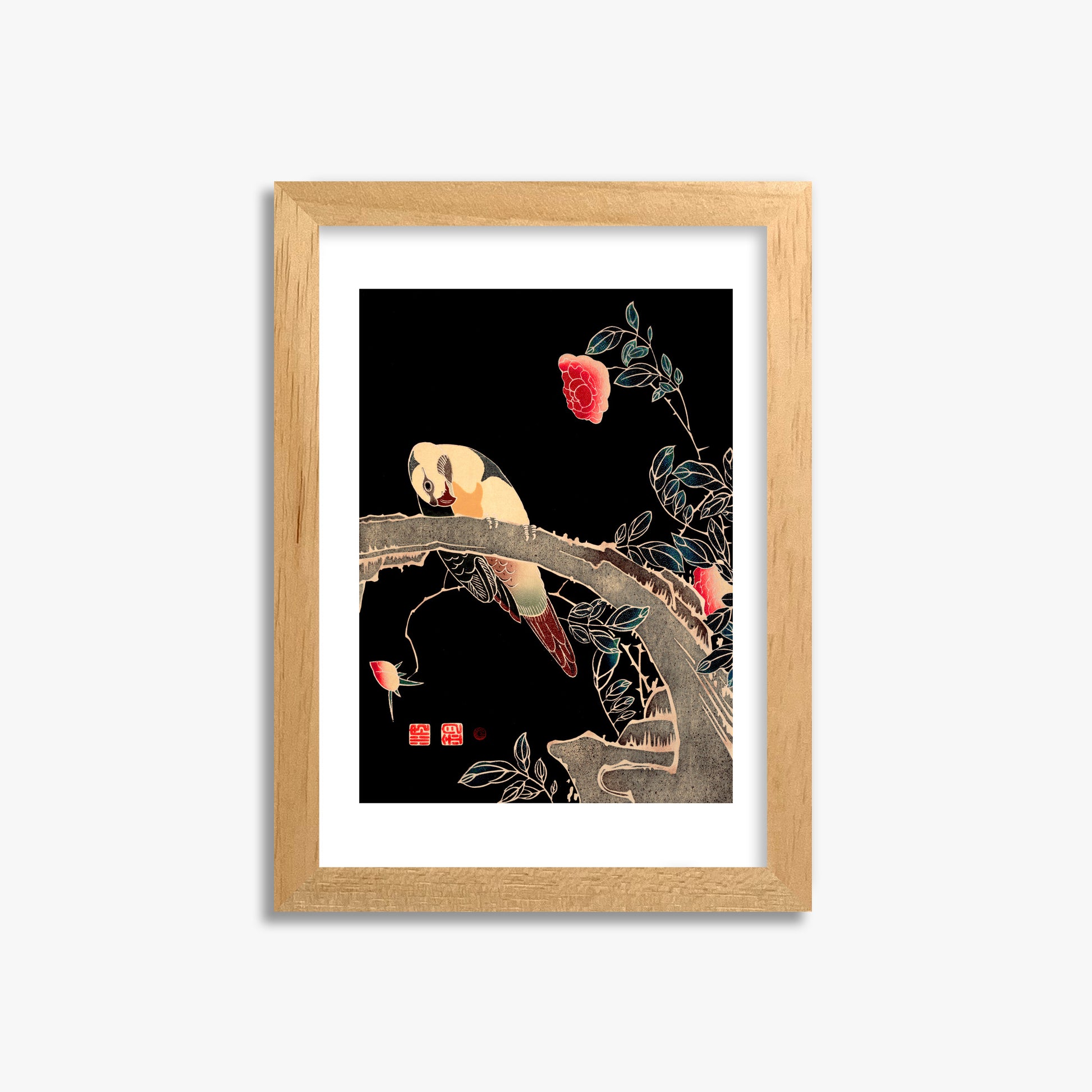 Ito Jakuchu: Parrot on the Branch of a Flowering Rose Bush, 21x30cm Framed Art Reproduction With Oak Frame