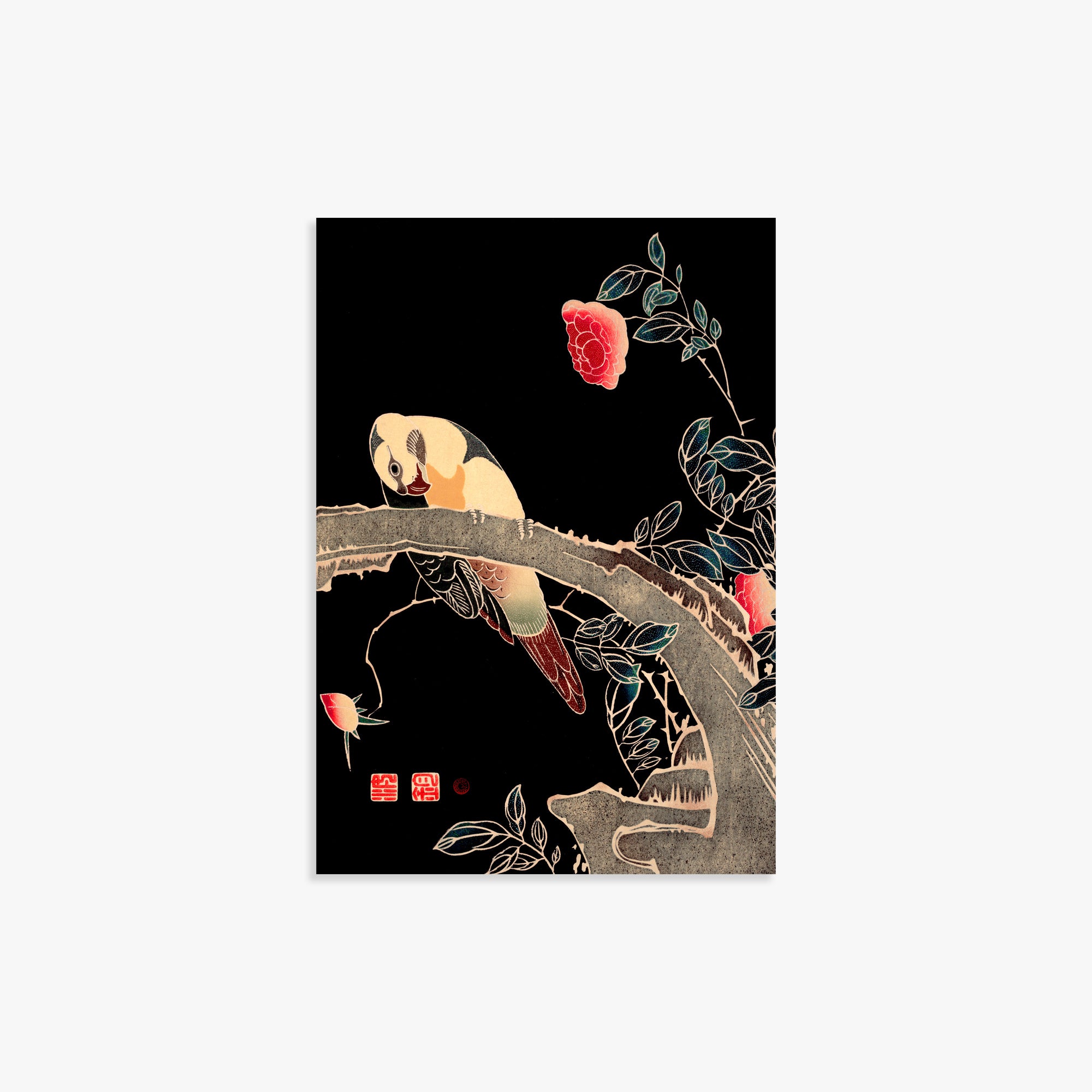 Ito Jakuchu: Parrot on the Branch of a Flowering Rose Bush, 21x30cm Art Reproduction Unframed