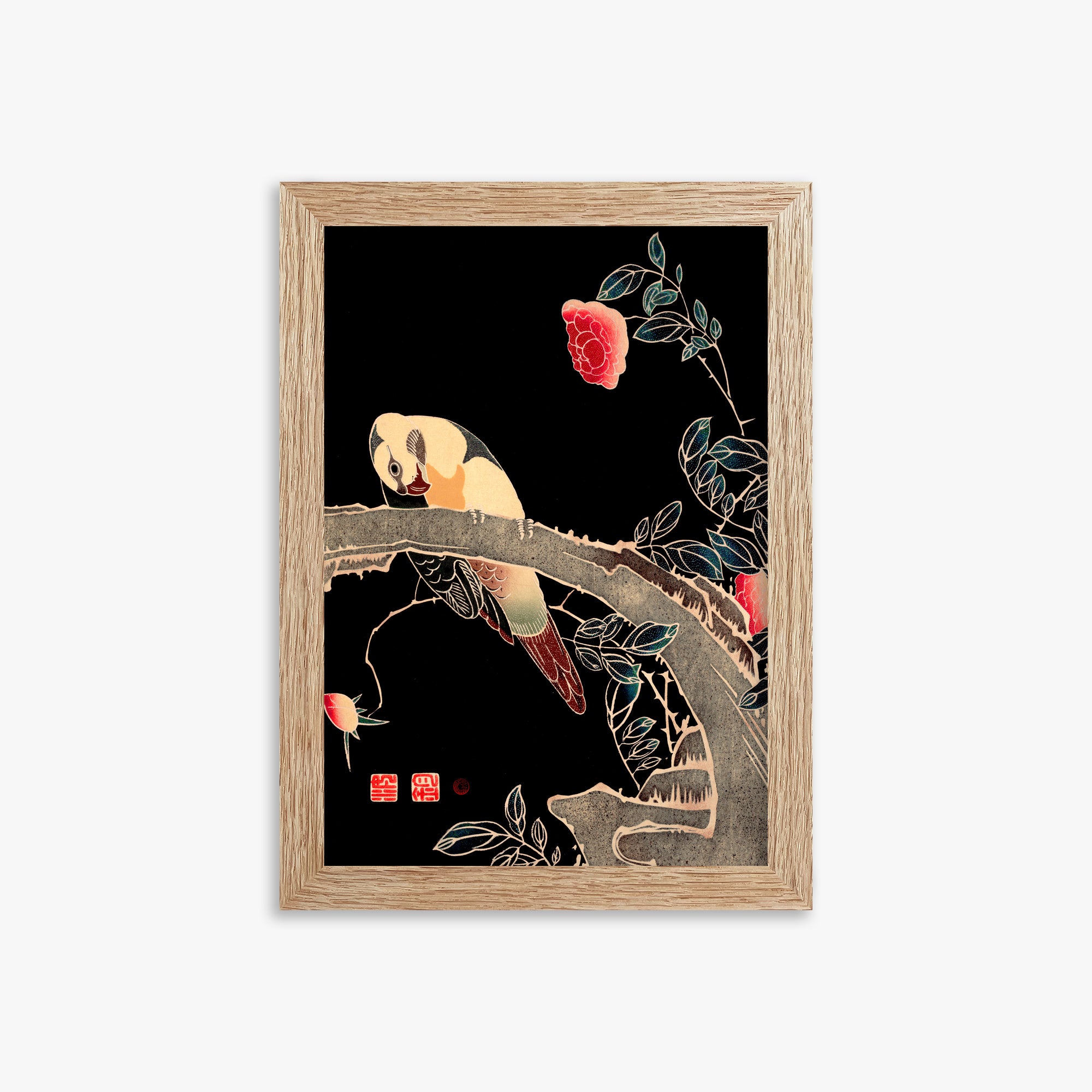 Ito Jakuchu: Parrot on the Branch of a Flowering Rose Bush, 21x30cm Framed Art Reproduction With Raw Oak Frame