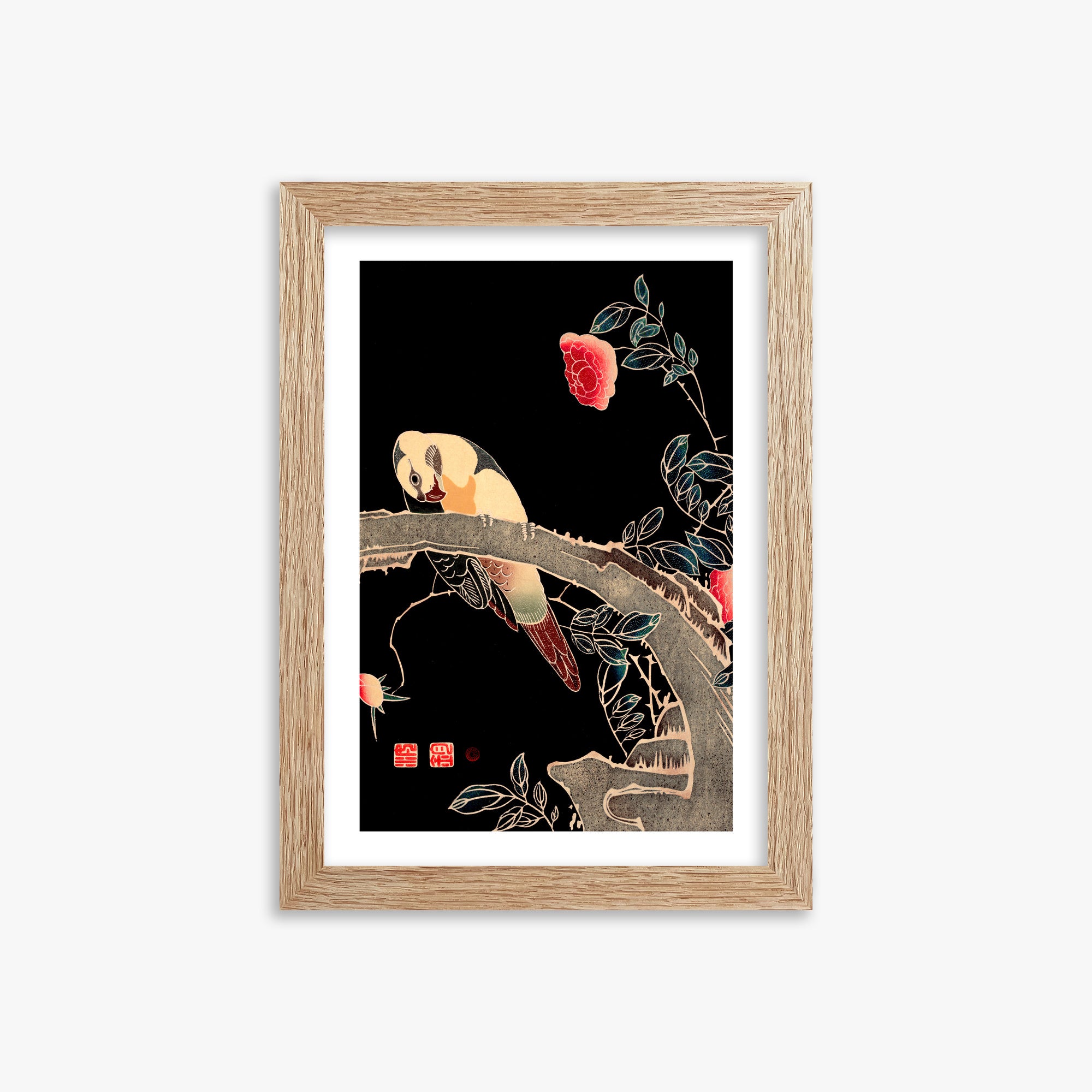 Ito Jakuchu: Parrot on the Branch of a Flowering Rose Bush, 21x30cm Framed Art Reproduction With Raw Oak Frame
