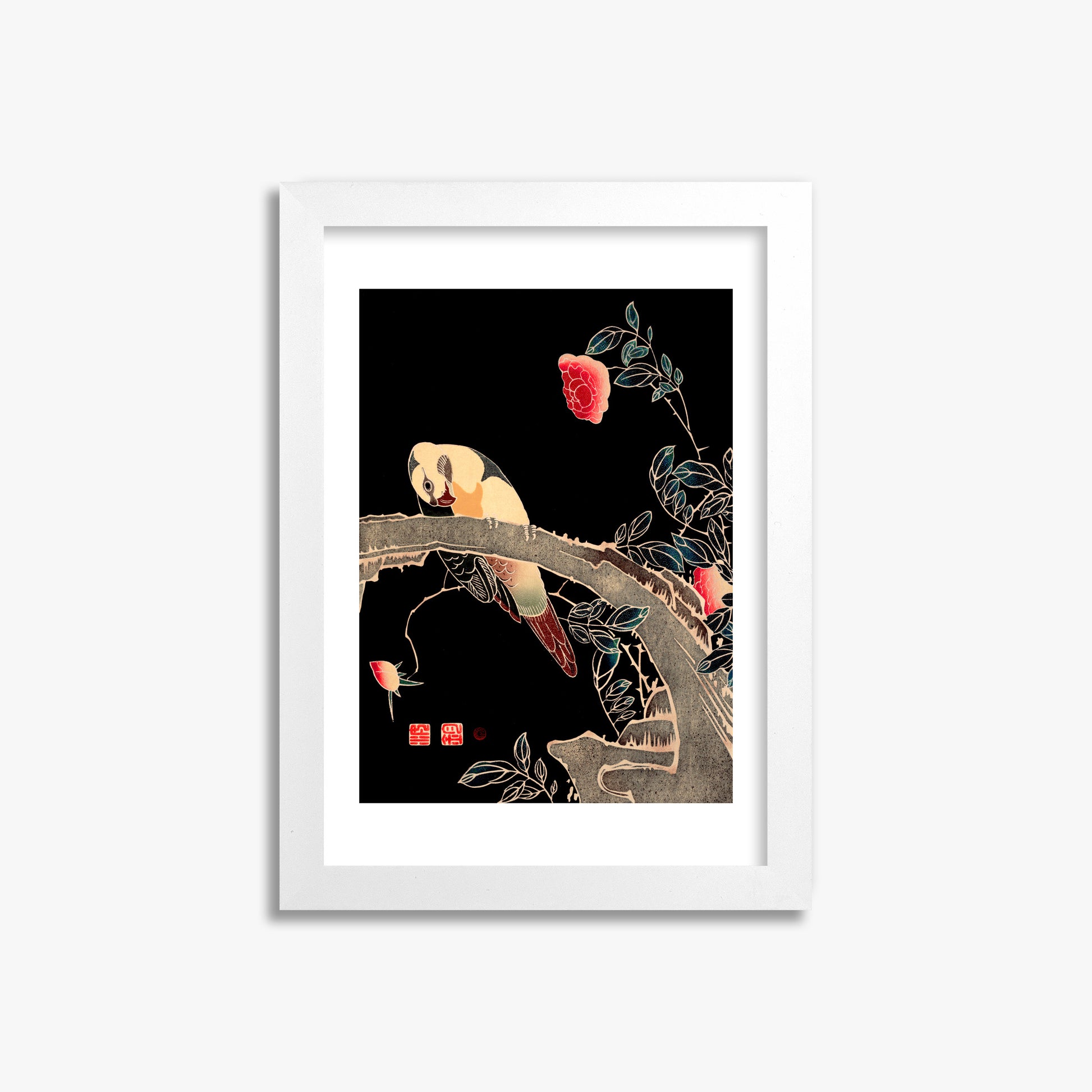 Ito Jakuchu: Parrot on the Branch of a Flowering Rose Bush, 21x30cm Framed Art Reproduction With White Frame