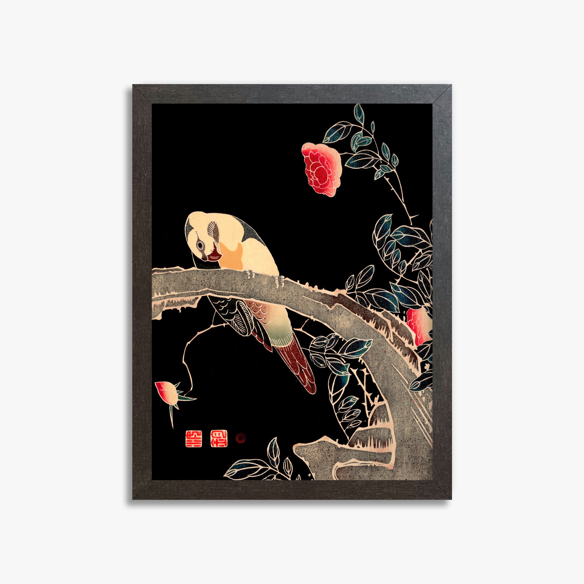 Ito Jakuchu: Parrot on the Branch of a Flowering Rose Bush, 30x40cm Framed Art Reproduction With Espresso Frame