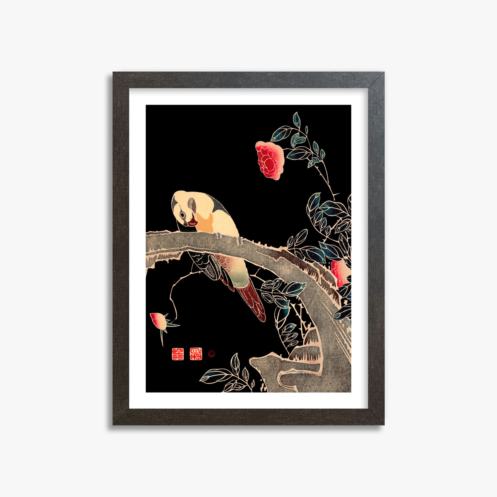 Ito Jakuchu: Parrot on the Branch of a Flowering Rose Bush, 30x40cm Framed Art Reproduction With Espresso Frame