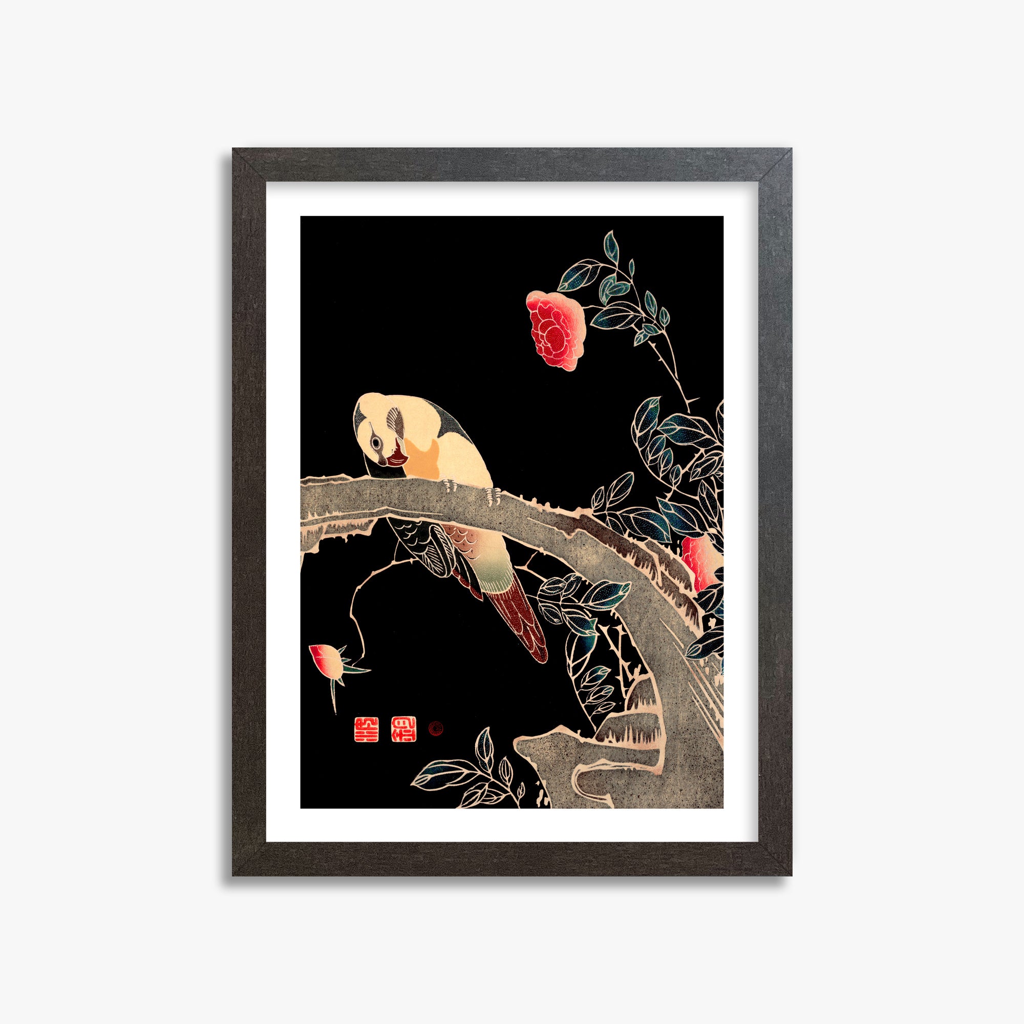 Ito Jakuchu: Parrot on the Branch of a Flowering Rose Bush, 30x40cm Framed Art Reproduction With Espresso Frame