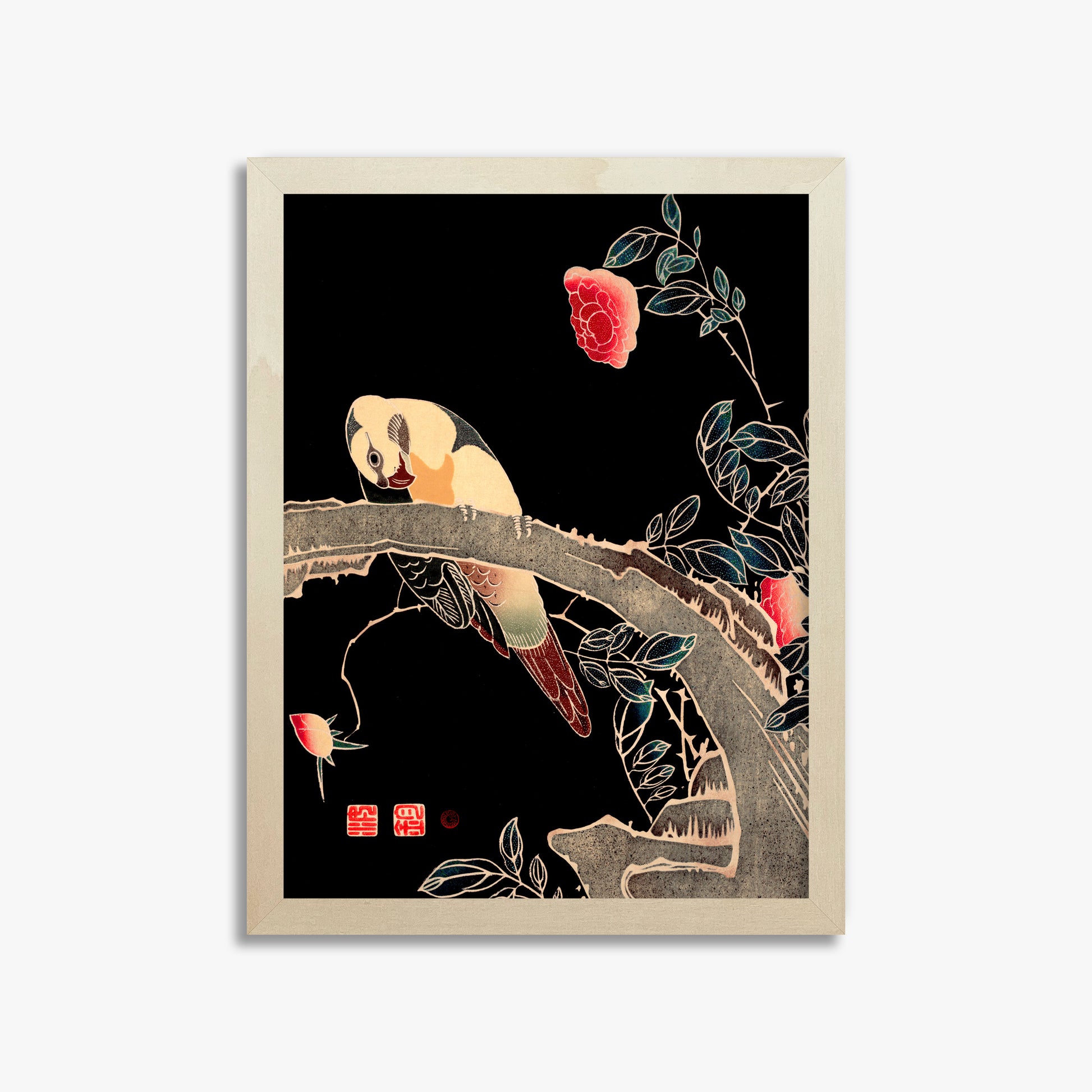 Ito Jakuchu: Parrot on the Branch of a Flowering Rose Bush, 30x40cm Framed Art Reproduction With Lime Wood Frame