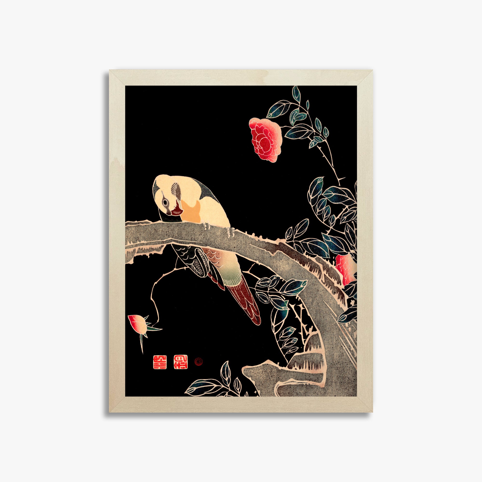 Ito Jakuchu: Parrot on the Branch of a Flowering Rose Bush, 30x40cm Framed Art Reproduction With Lime Wood Frame