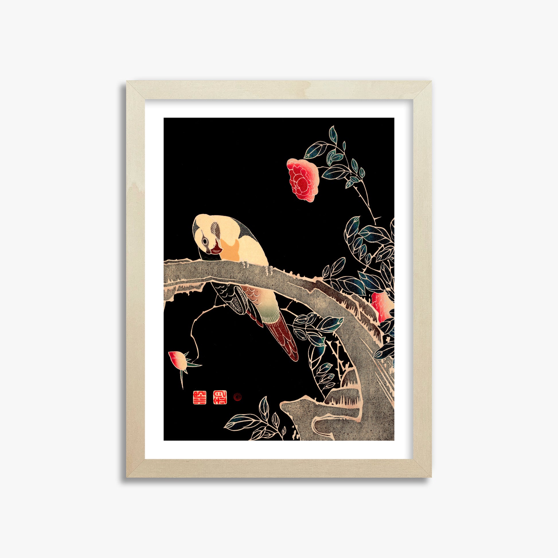 Ito Jakuchu: Parrot on the Branch of a Flowering Rose Bush, 30x40cm Framed Art Reproduction With Lime Wood Frame