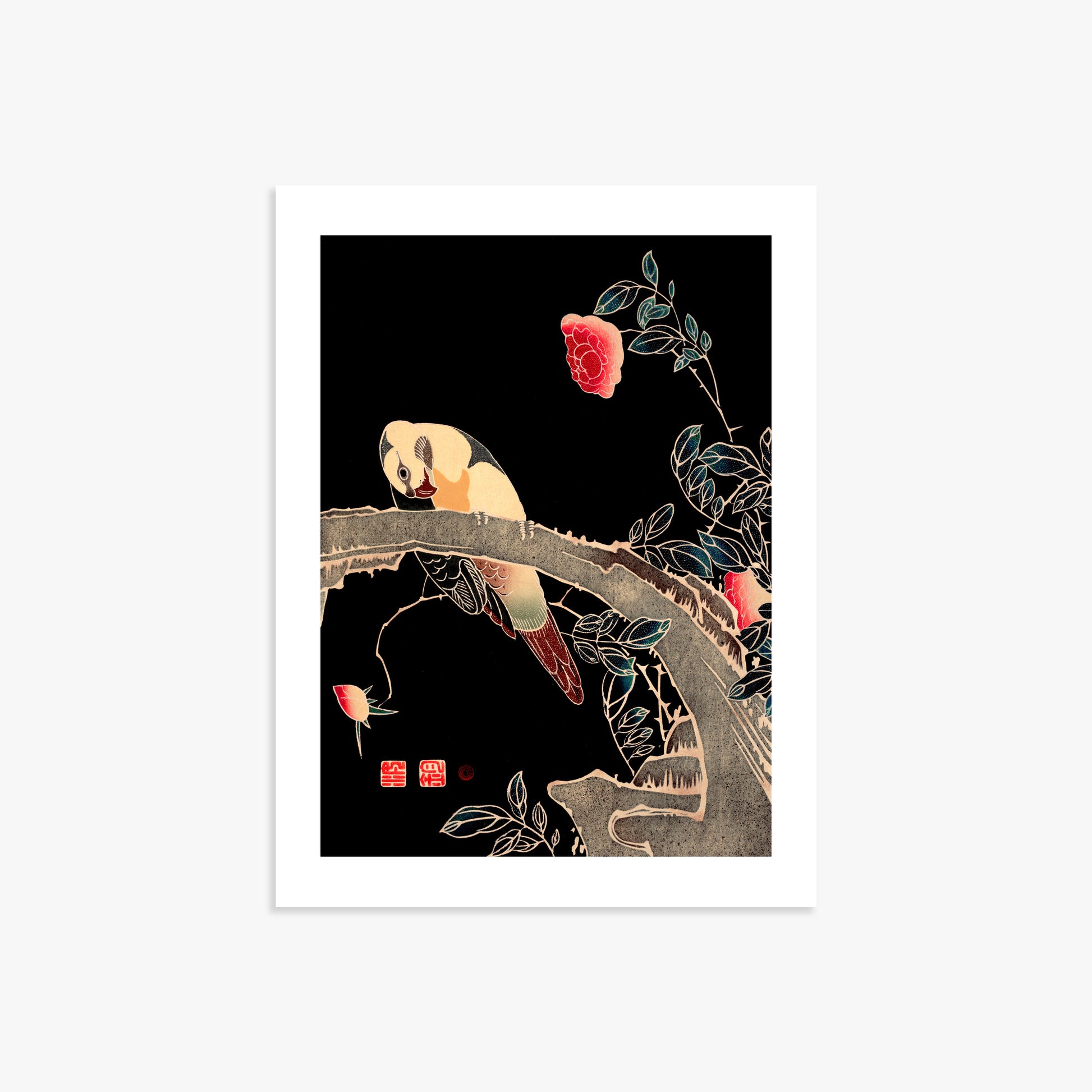 Ito Jakuchu: Parrot on the Branch of a Flowering Rose Bush, 30x40cm Art Reproduction Unframed