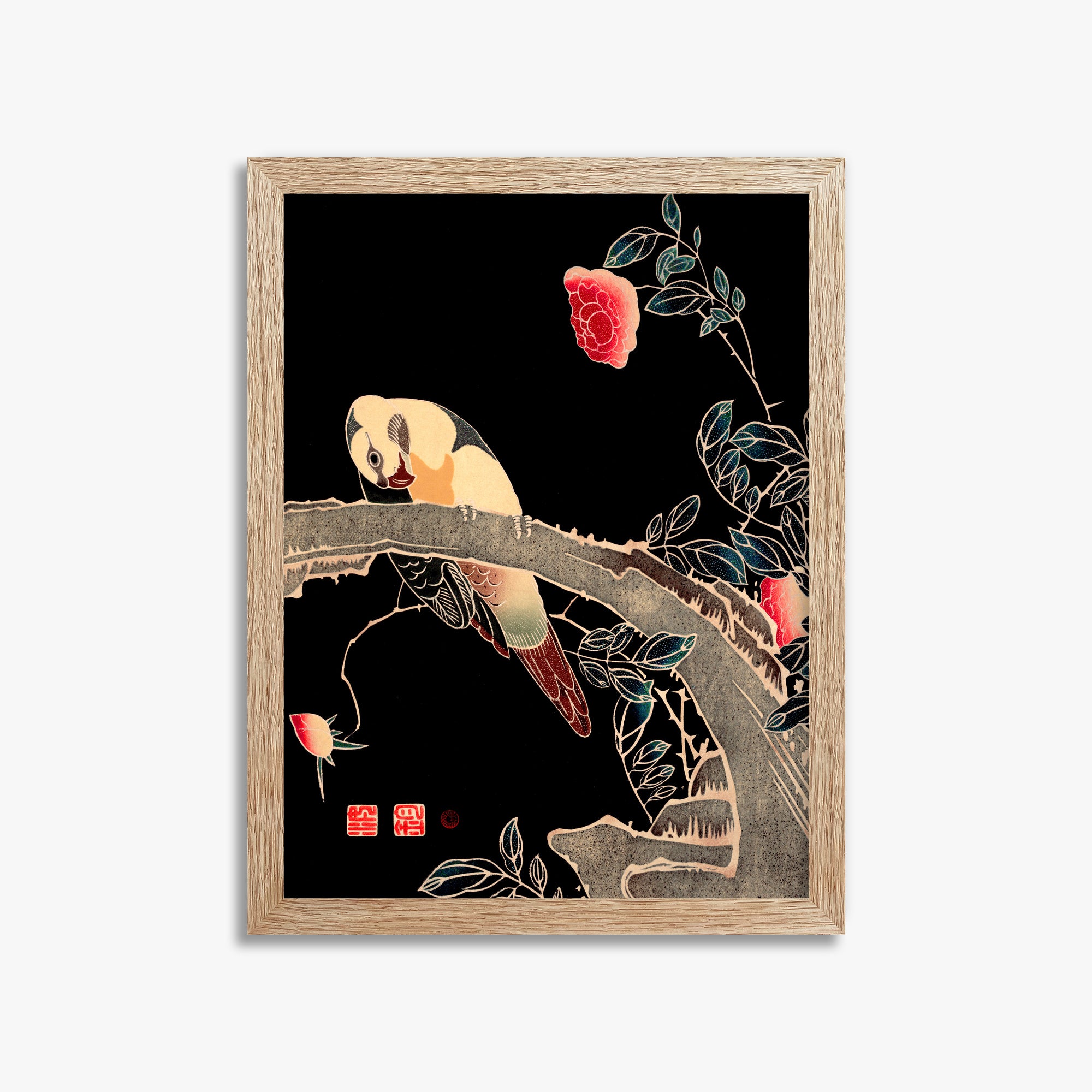 Ito Jakuchu: Parrot on the Branch of a Flowering Rose Bush, 30x40cm Framed Art Reproduction With Raw Oak Frame