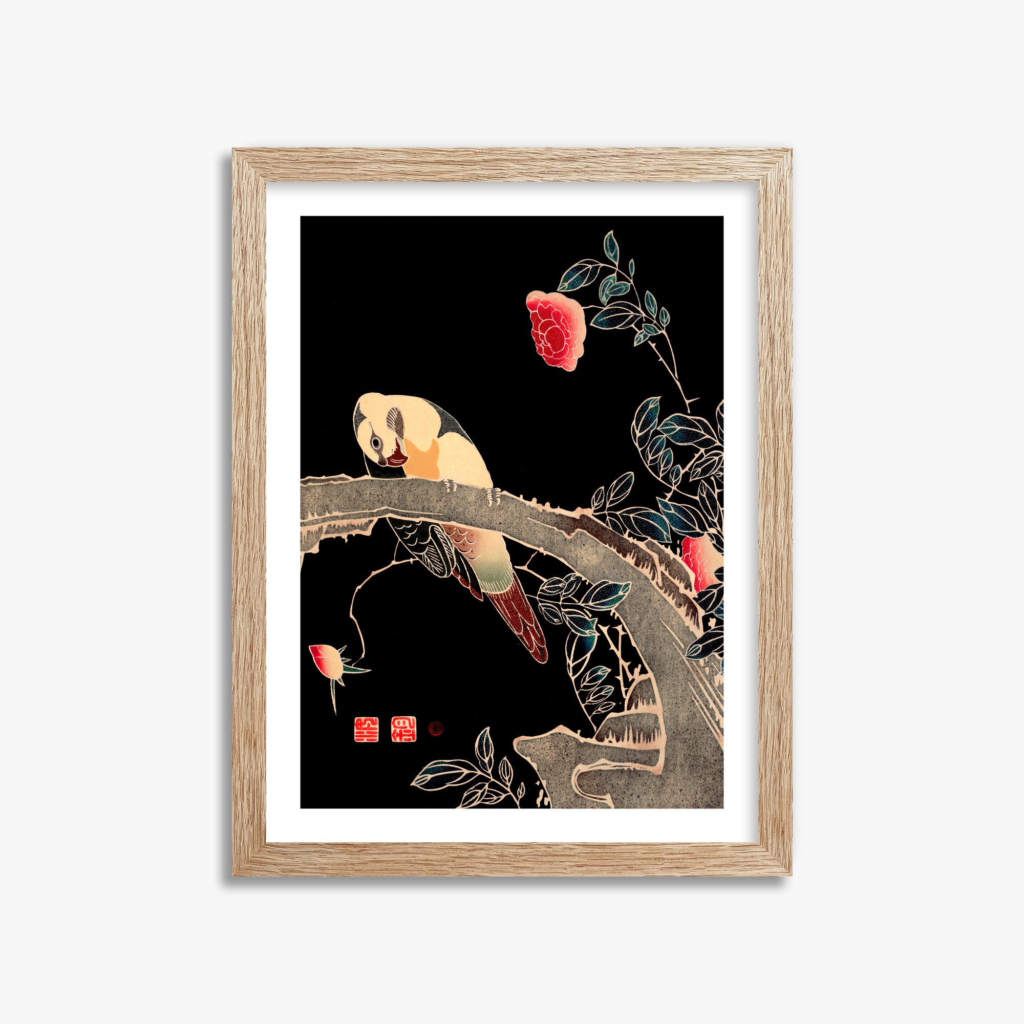 Ito Jakuchu: Parrot on the Branch of a Flowering Rose Bush, 30x40cm Framed Art Reproduction With Raw Oak Frame