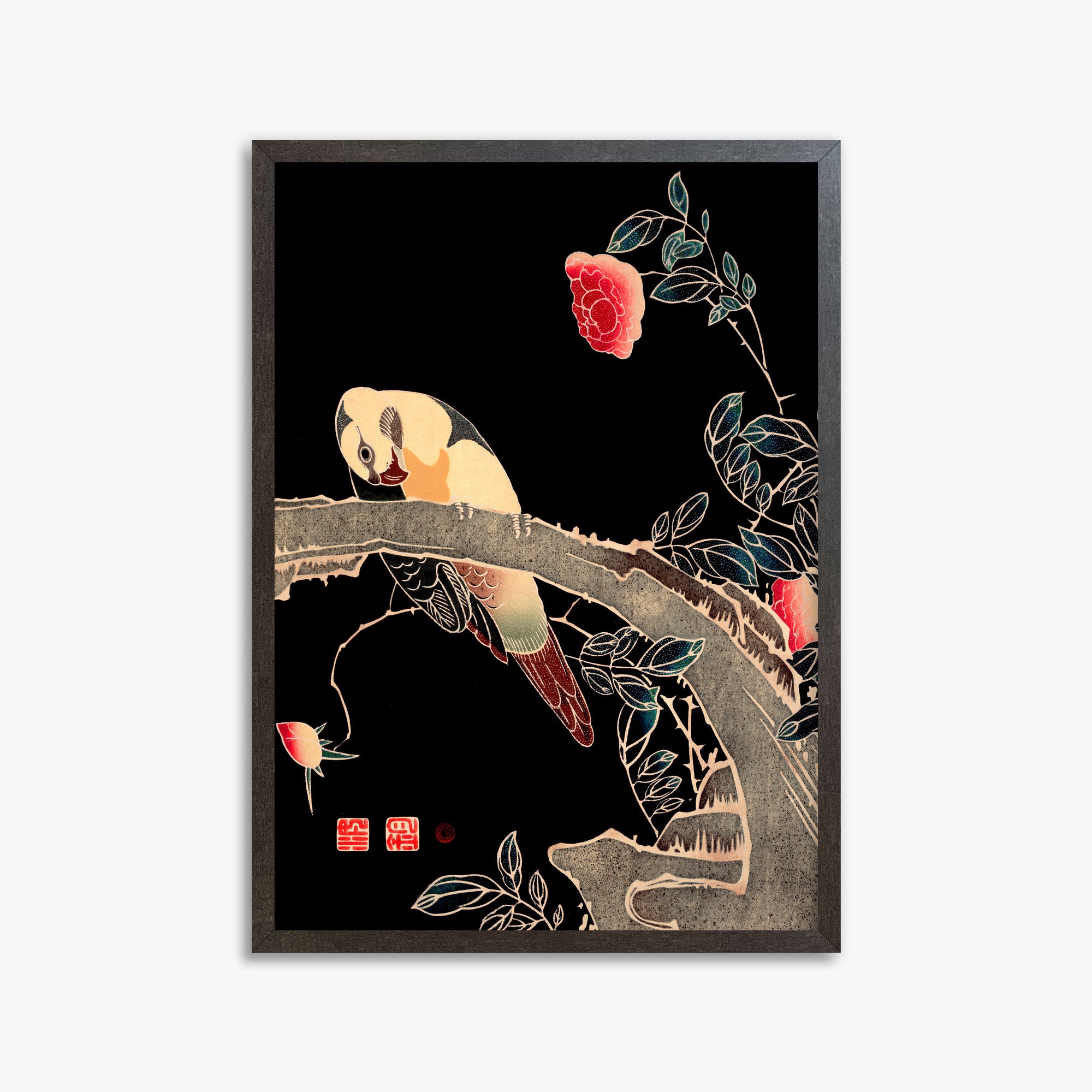 Ito Jakuchu: Parrot on the Branch of a Flowering Rose Bush, 50x70cm Framed Art Reproduction With Espresso Frame