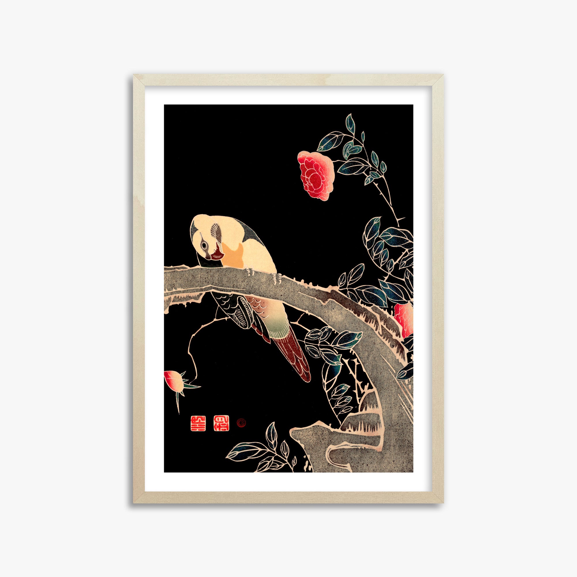 Ito Jakuchu: Parrot on the Branch of a Flowering Rose Bush, 50x70cm Framed Art Reproduction With Lime Wood Frame