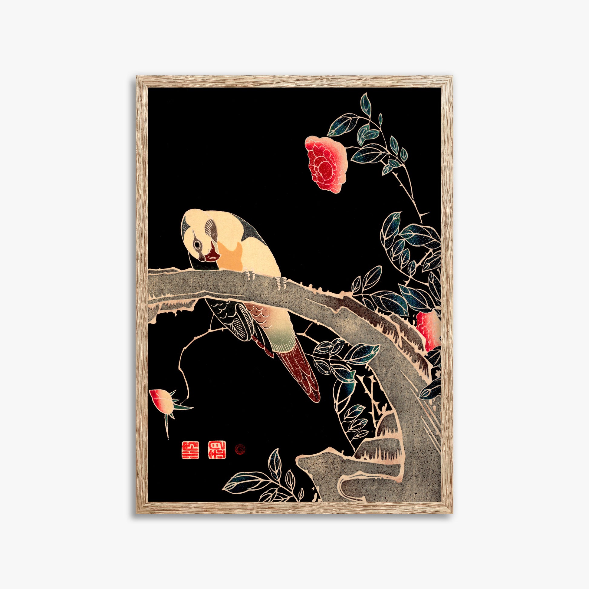 Ito Jakuchu: Parrot on the Branch of a Flowering Rose Bush, 50x70cm Framed Art Reproduction With Raw Oak Frame