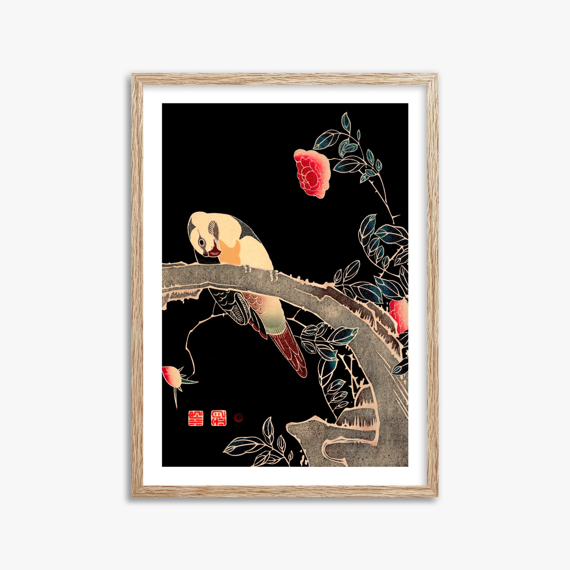 Ito Jakuchu: Parrot on the Branch of a Flowering Rose Bush, 50x70cm Framed Art Reproduction With Raw Oak Frame