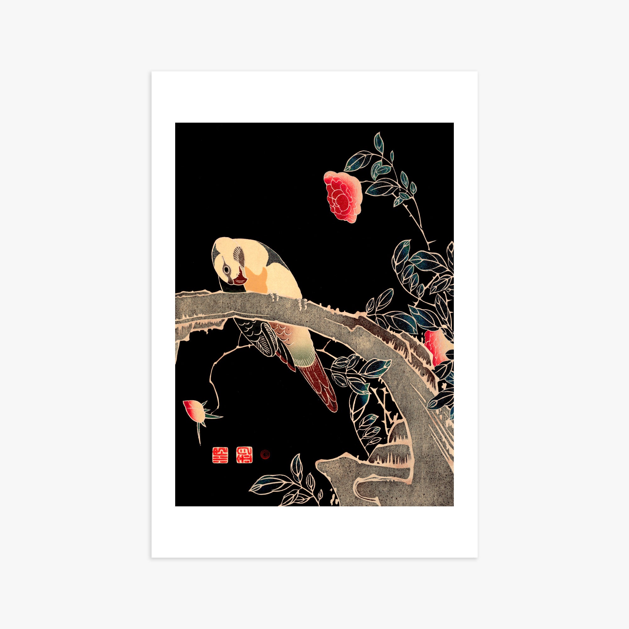 Ito Jakuchu: Parrot on the Branch of a Flowering Rose Bush, 61x91cm Art Reproduction Unframed