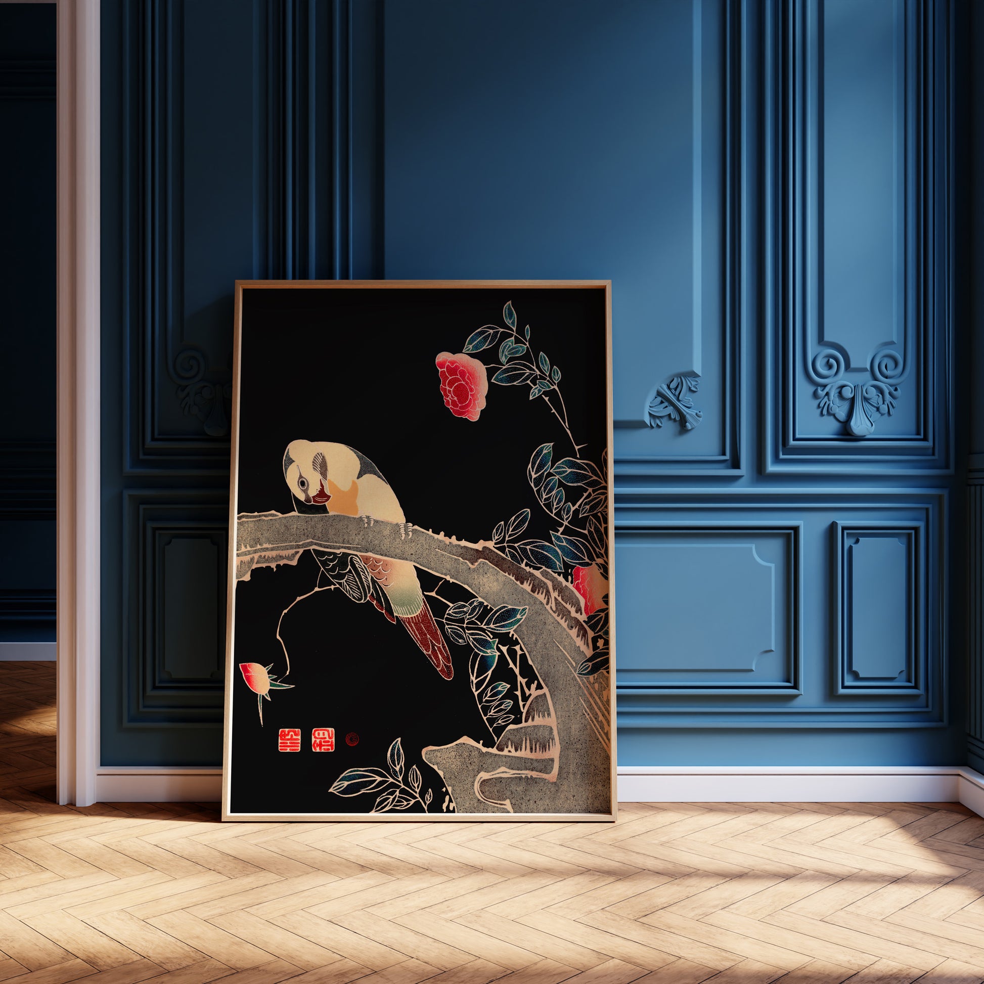 Design Concept No. 12 for Ito Jakuchu: Parrot on the Branch of a Flowering Rose Bush Japanese Wall Art