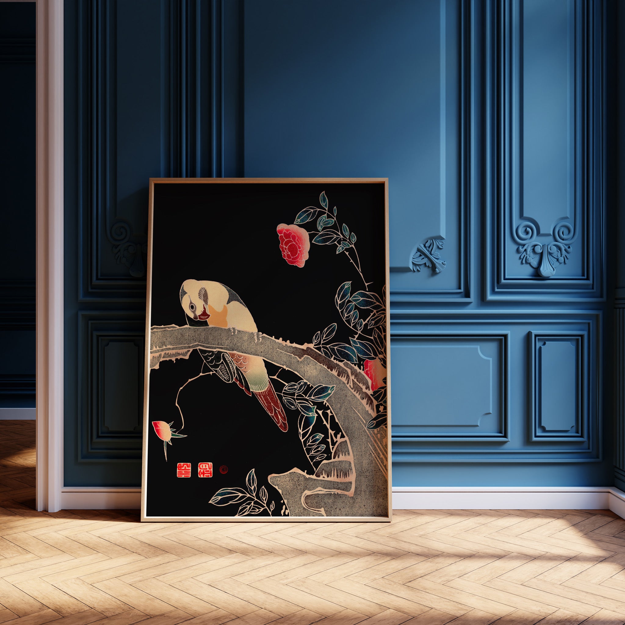 Design Concept No. 12 for Ito Jakuchu: Parrot on the Branch of a Flowering Rose Bush Japanese Wall Art