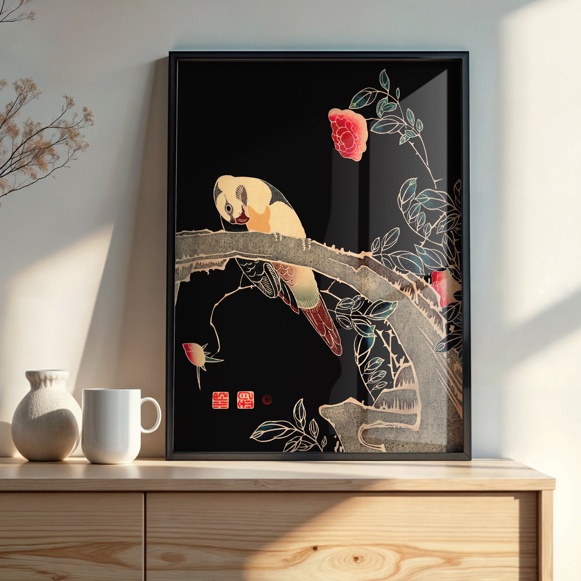 Design Concept No. 22 for Ito Jakuchu: Parrot on the Branch of a Flowering Rose Bush Japanese Wall Art
