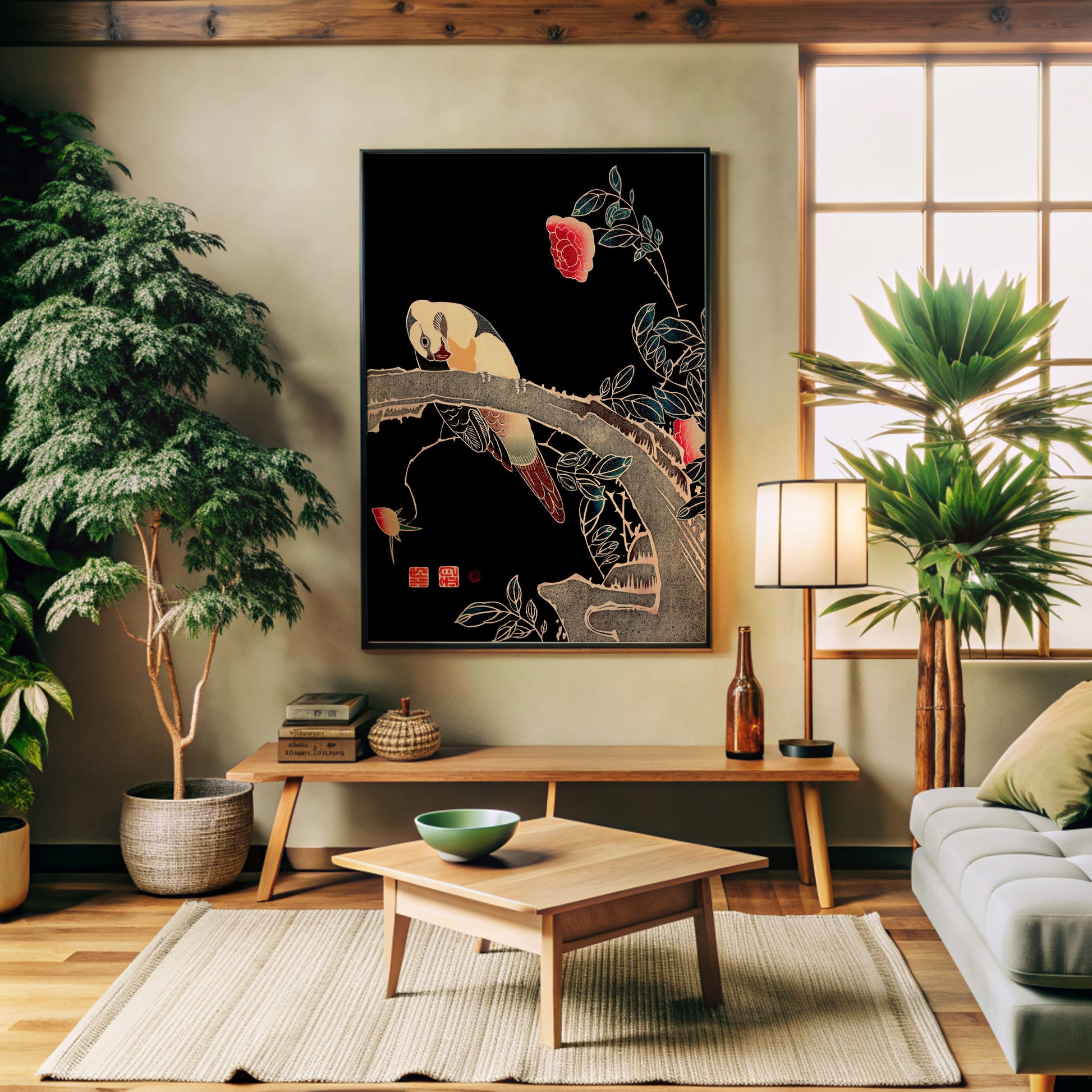 Design Concept No. 32 for Ito Jakuchu: Parrot on the Branch of a Flowering Rose Bush Japanese Wall Art