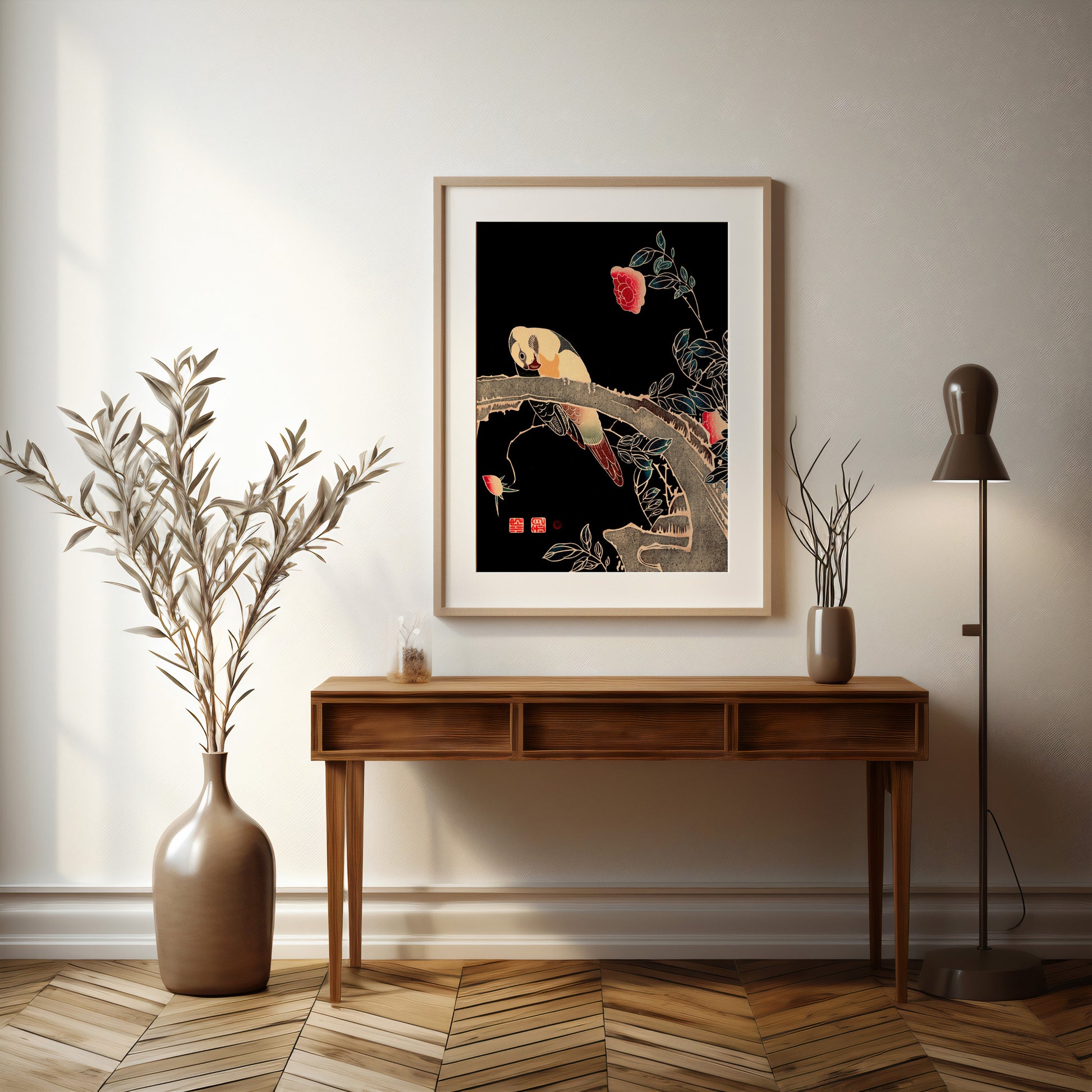Design Concept No. 37 for Ito Jakuchu: Parrot on the Branch of a Flowering Rose Bush Japanese Wall Art